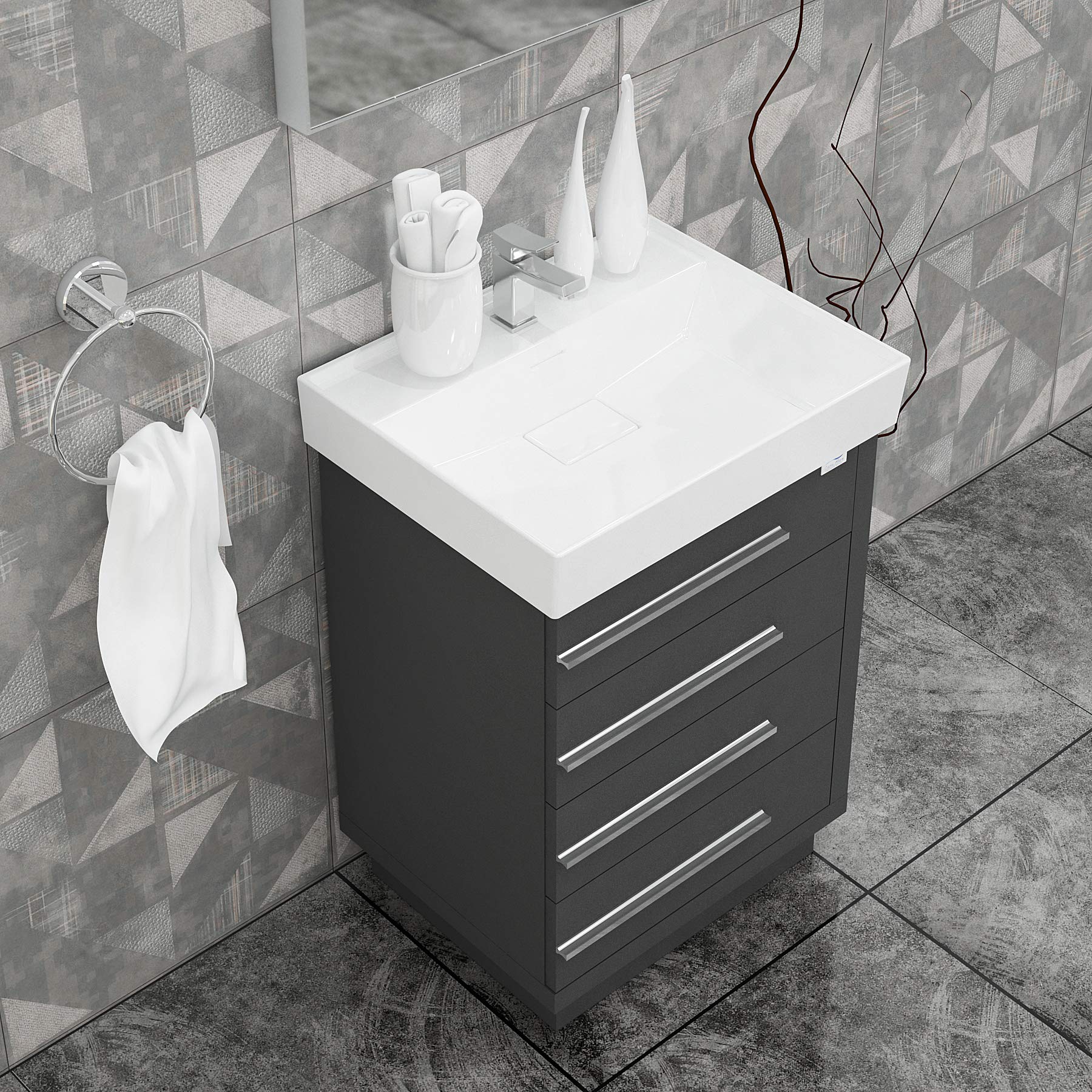 32 Inch Single Sink Bathroom Vanity with LED Mirror - Modern Wood Cabinet & Ceramic Sink Set | Soft Closing Drawers | Free Standing Contemporary Design in Glossy Grey | Perfect for Small Bathrooms, Master Suites & Apartment Remodels