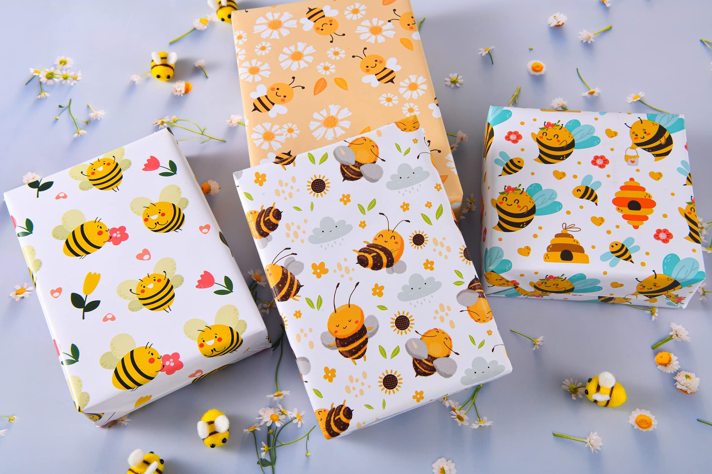 Titiweet Bee Themed Wrapping Paper - 12 Sheets Birthday Gift Wrap for Girls & Women, 20 x 28 Inches, Cute Honeycomb & Bee Design for Birthday Party, Baby Shower & Christmas Gifts - Perfect for DIY Crafts & Holiday Present Wrapping