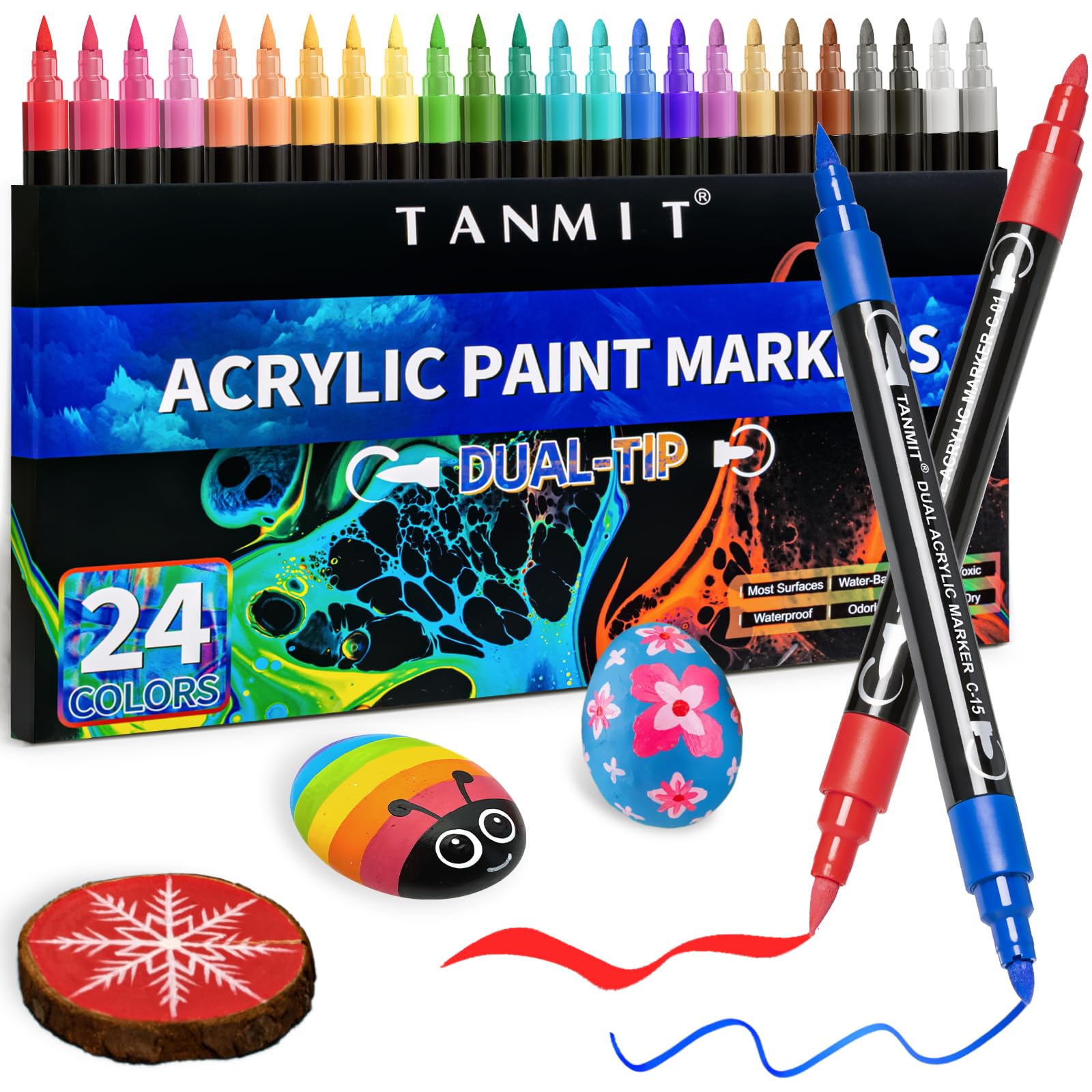 24 Colors Acrylic Paint Pens - Dual Tip Brush & Fine Point Markers for Rock, Wood, Canvas, Ceramic Painting - Vibrant DIY Art Supplies for Crafts, Home Decor & Gift Making