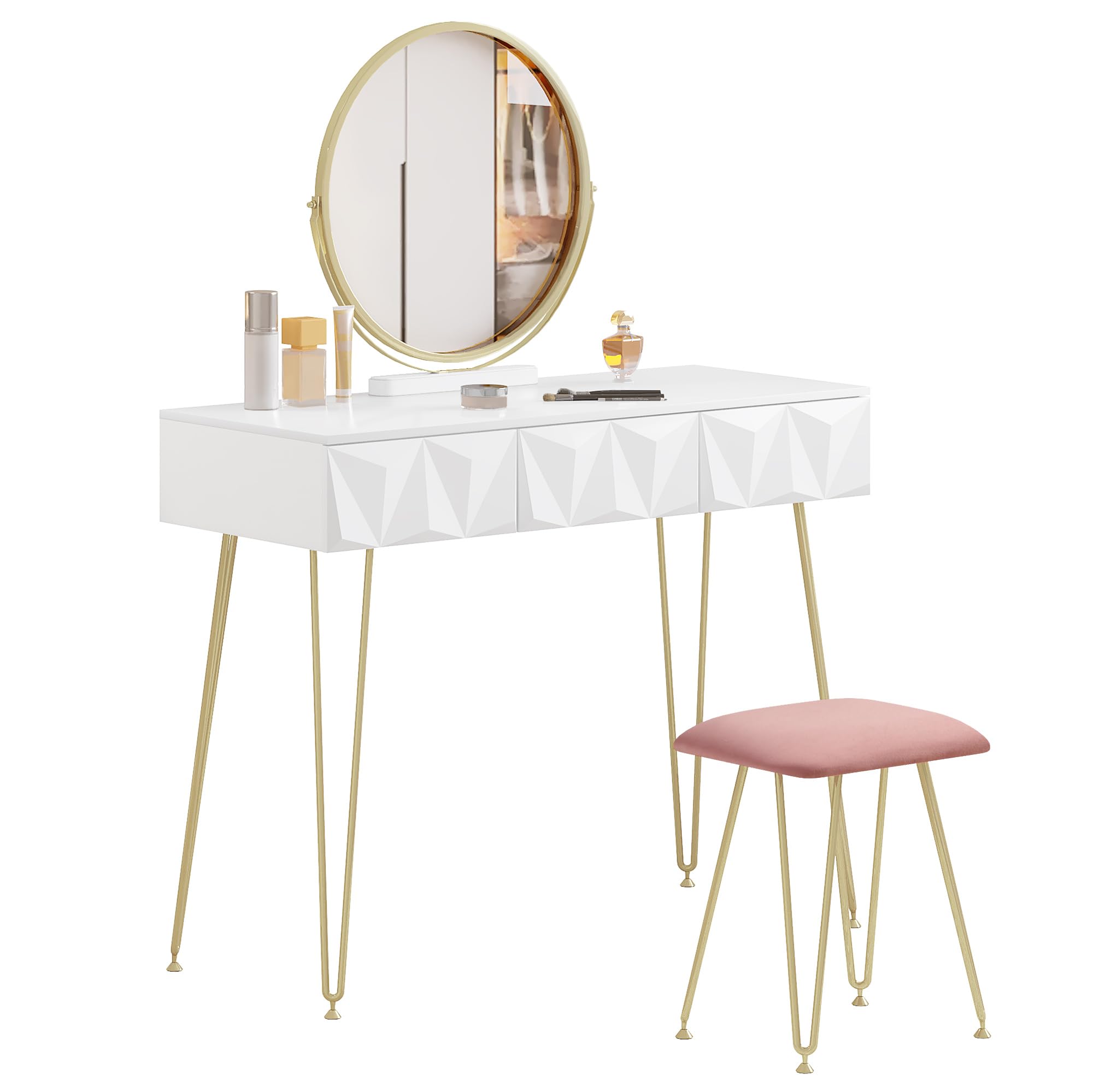 EUGAD Velvet Vanity Set with Padded Stool & 360° Swivel Mirror - Modern Makeup Dressing Table with 3 Drawers, White & Gold (Wood + Metal) - Perfect for Bedroom, Dressing Room & Beauty Salon