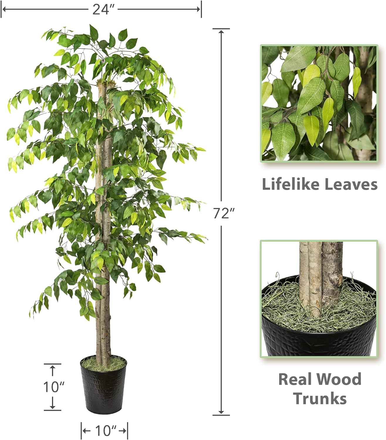 Premium 6FT Artificial Ficus Tree with Real-Wood Trunk & Black Metal Pot - Indoor Outdoor Faux Plant for Home, Office, Patio Decor - Perfect for Living Room, Bedroom, Balcony & Garden Spaces (Deluxe Edition)