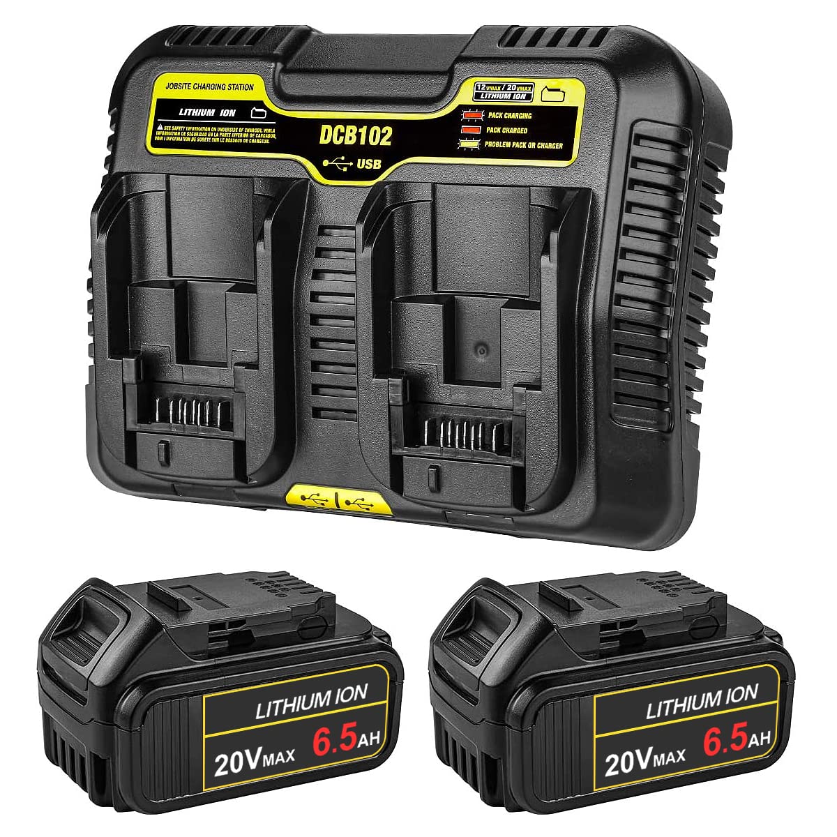 2-Pack ANTRobut 20V 6.5Ah Lithium-Ion Battery Replacement for Dewalt 20V Max XR DCB205 DCB206 - Compatible with Dewalt DCD/DCF/DCG Series Power Tools - Includes DCB102 20V Dual Port Fast Charger - Perfect for Construction, DIY Projects & Professional Power Tool Use