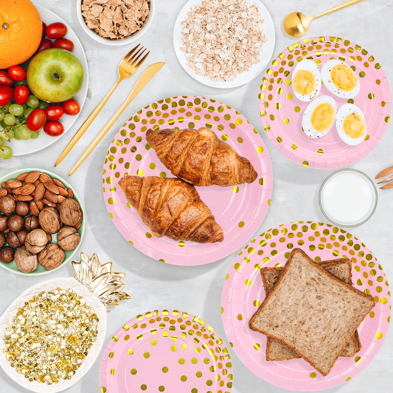DYLIVeS 80 Count Pink and Gold 9 Inch Disposable Paper Plates - Metallic Foil Polka Dot Design for Desserts, Cocktails & Party Decorations | Perfect for Birthday, Bridal Shower, Easter, Graduation & Special Events