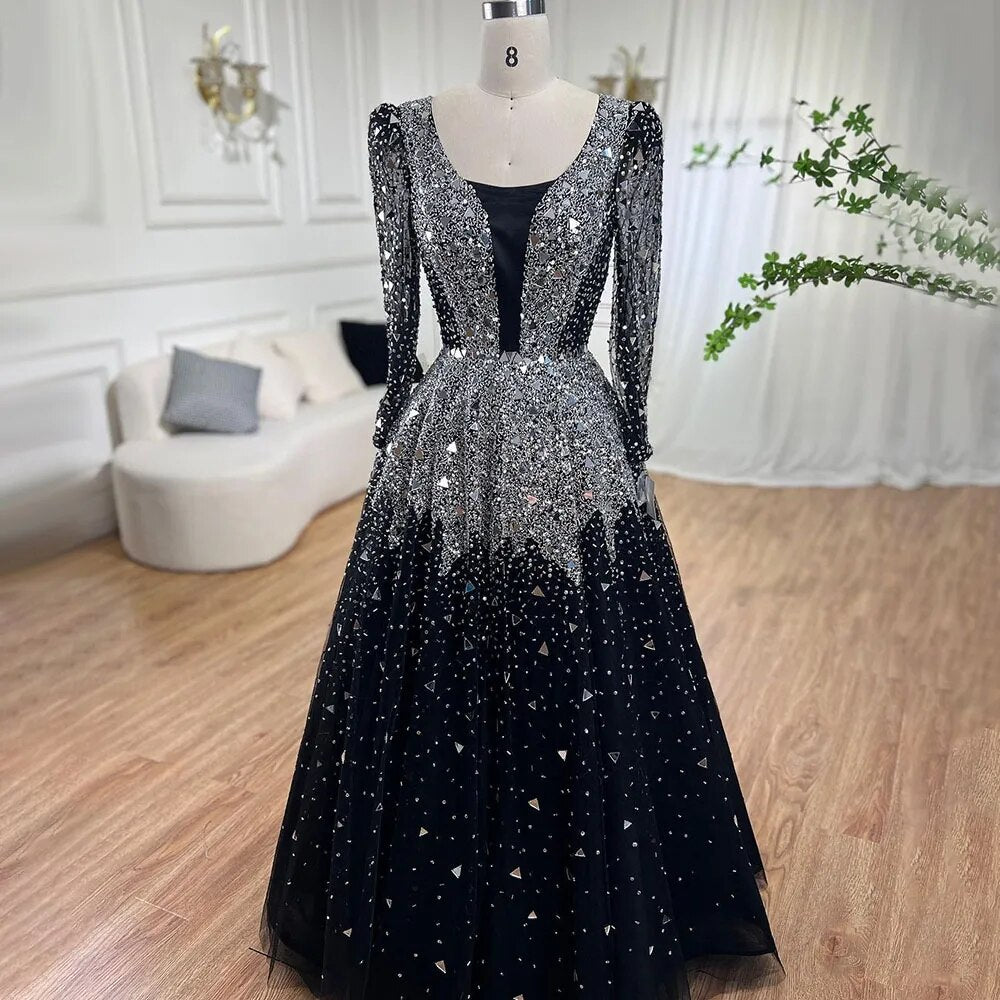 Elegant Muslim Black A-Line Evening Dress with Sequins & Beads - Luxury Women's Gown for Wedding, Party & Special Occasions - Serene Hill LA71214 Collection 2025