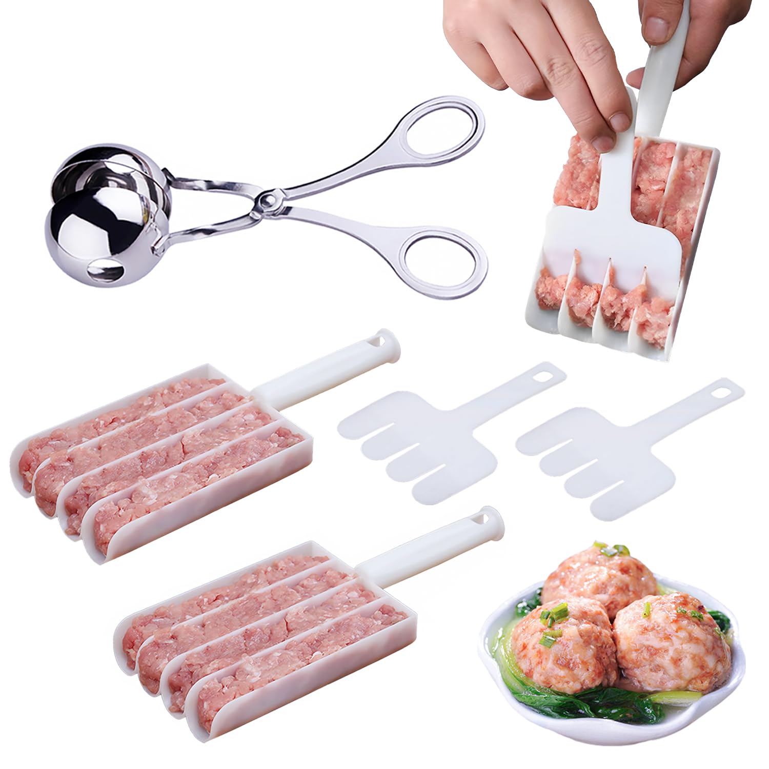 2-Pack Non-Stick 4-in-1 Meatball Maker Set with Cutting Spade, Tong & Scoop - Creative Kitchen Tool for Perfect Meatballs, Cookies, Ice Cream & Cake Decorating - Ideal for Home Cooking, Baking & Party Food Prep
