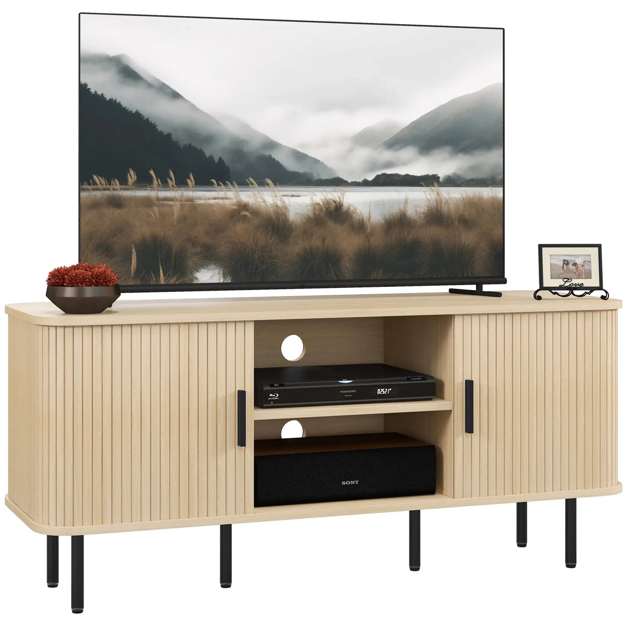 55 Inch TV Stand with Storage Shelves & Cabinets - Solid Wood Oak Finish for Living Room, Bedroom, Home Theater Setup