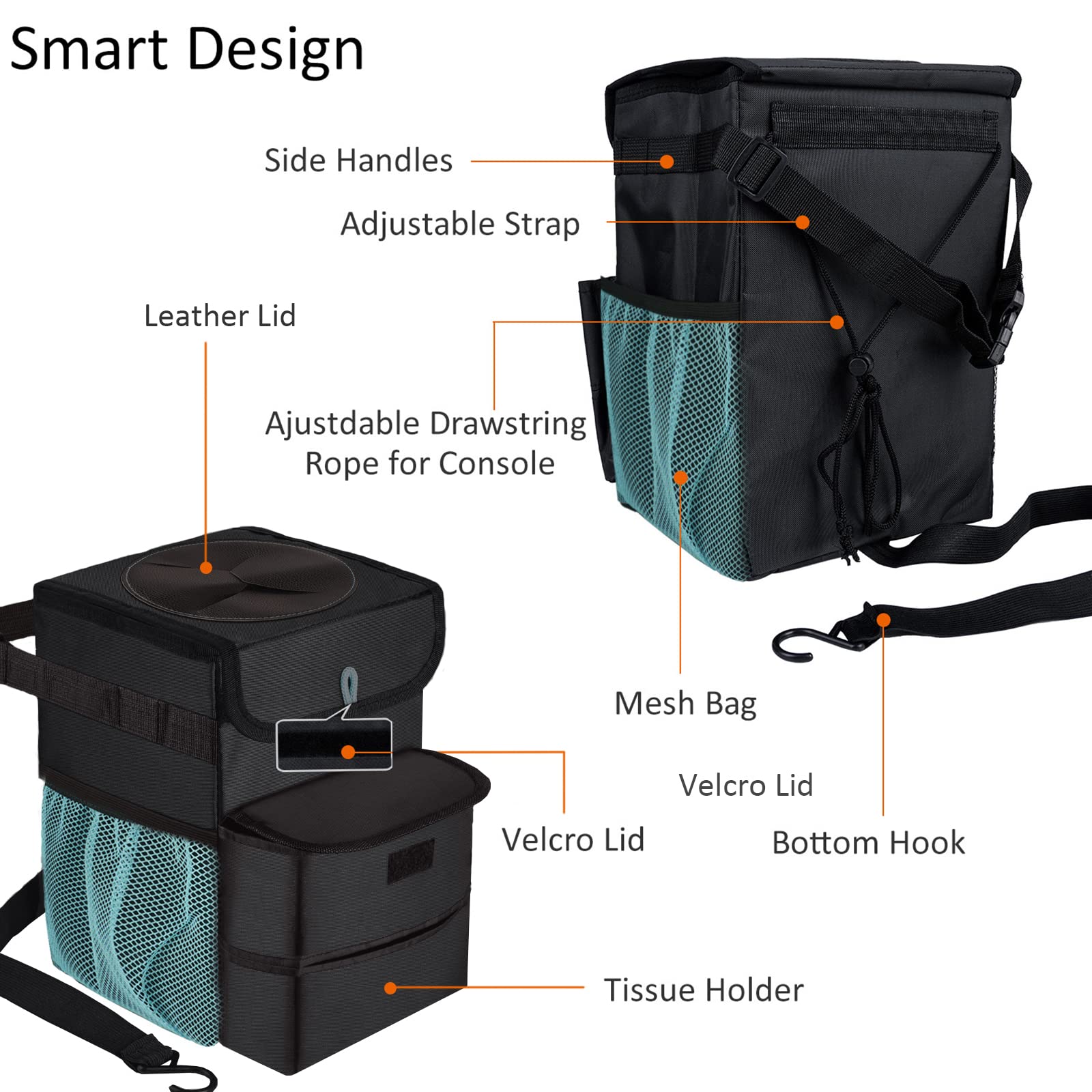 Foldable Car Trash Can - 3 Gallon Leakproof Auto Garbage Bin for Vehicles (Black/Blue) | Ideal for Road Trips, Commuting & Keeping Your Car Clean