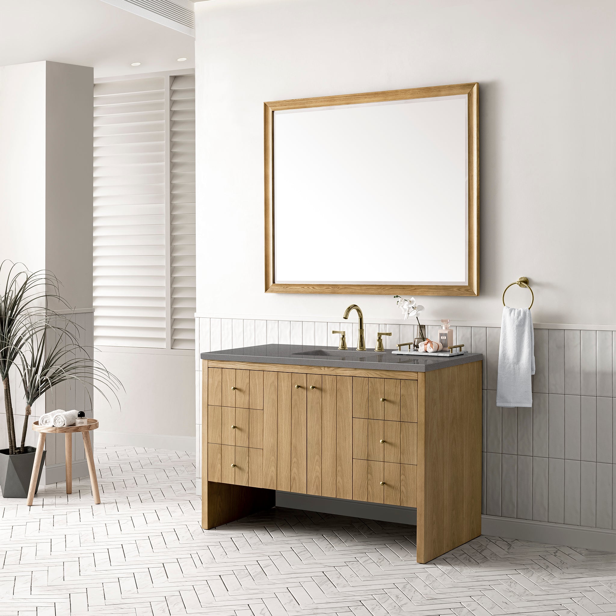 Hudson 48 Inch Single Bathroom Vanity in Light Natural Oak with 3CM Gray Expo Top - Perfect for Modern Home Bathroom Renovation and Space-Saving Design