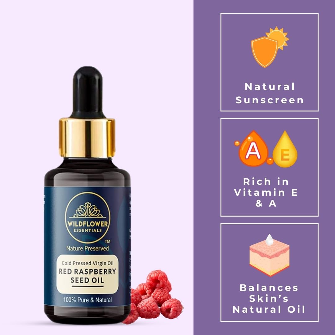 100% Pure Red Raspberry Seed Oil (Rubus idaeus) - Cold Pressed, Unrefined for Face, Skin, Hair & Body Care - 30ml - Wildflower Essentials - Perfect for Anti-Aging, Moisturizing & Natural Beauty Routine