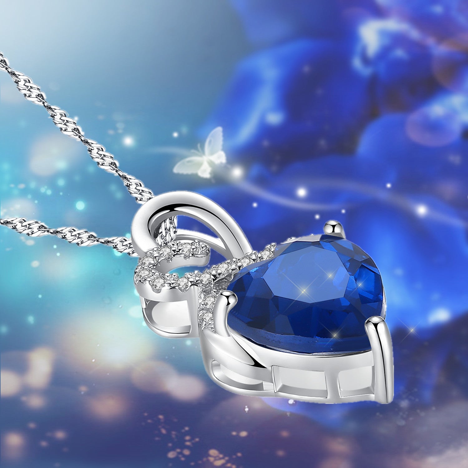 Authentic Sterling Silver Double Heart Simulated Birthstone Pendant Necklace for Women | Elegant Jewelry Gift for Her | Perfect for Anniversaries, Birthdays & Valentine's Day