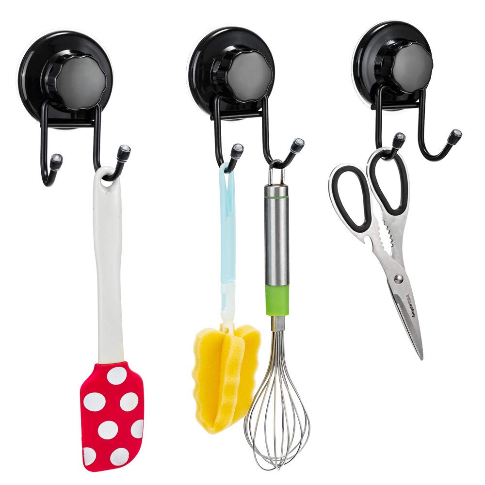 SANNO Heavy Duty Suction Cup Hooks - 12 Pack Strong Adhesive Bathroom Shower Hooks for Towels, Robes, Loofahs & Squeegees - Space Saving Kitchen & Bath Organization Solution (Black) - Perfect for Small Spaces, Dorm Rooms & RV Living