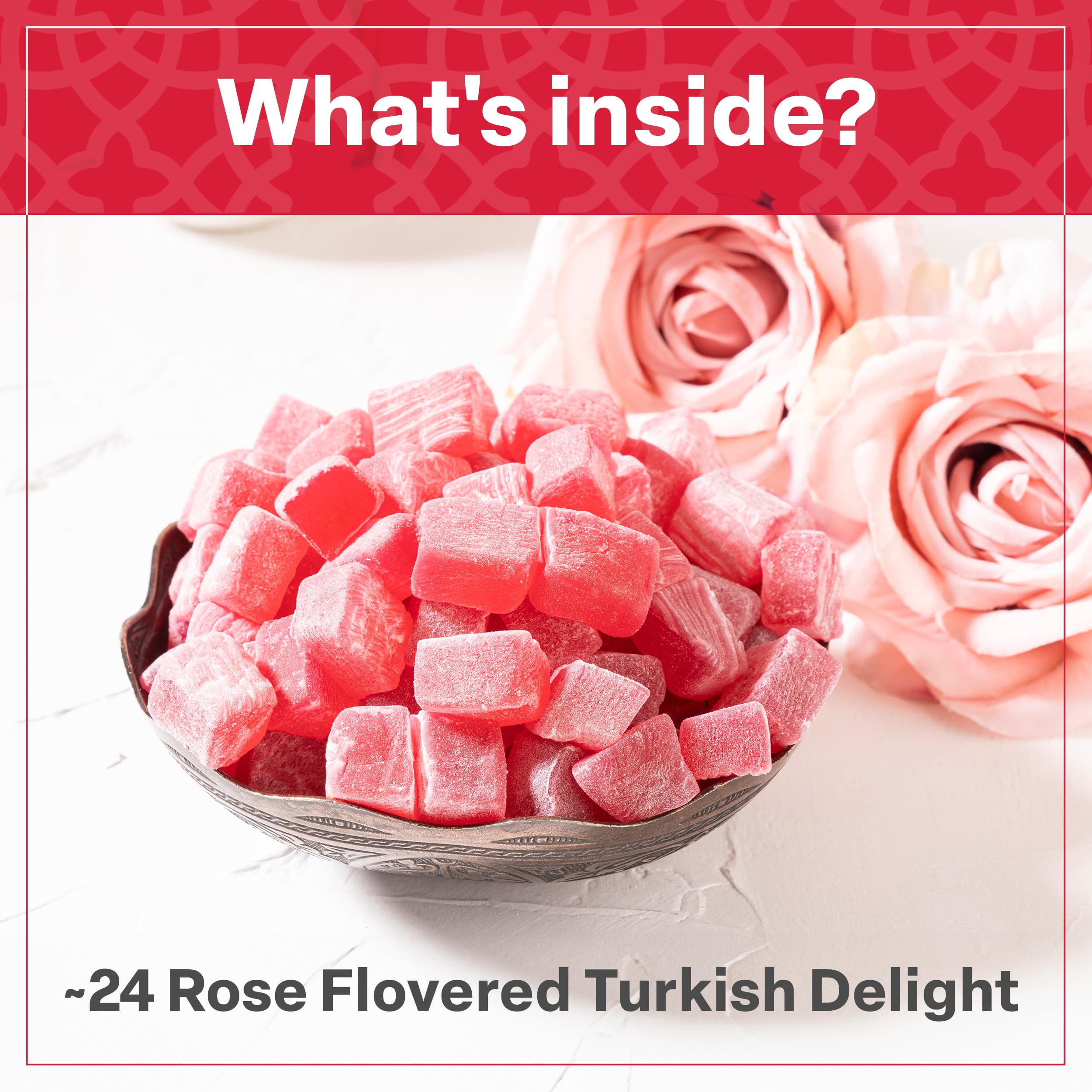 Premium Turkish Delight Rose Candy - 8.8oz Authentic Lokum Loukoumi | Vegan, Gluten-Free, No Artificial Colors or Synthetic Ingredients | Perfect for Gifts, Desserts & Tea Time