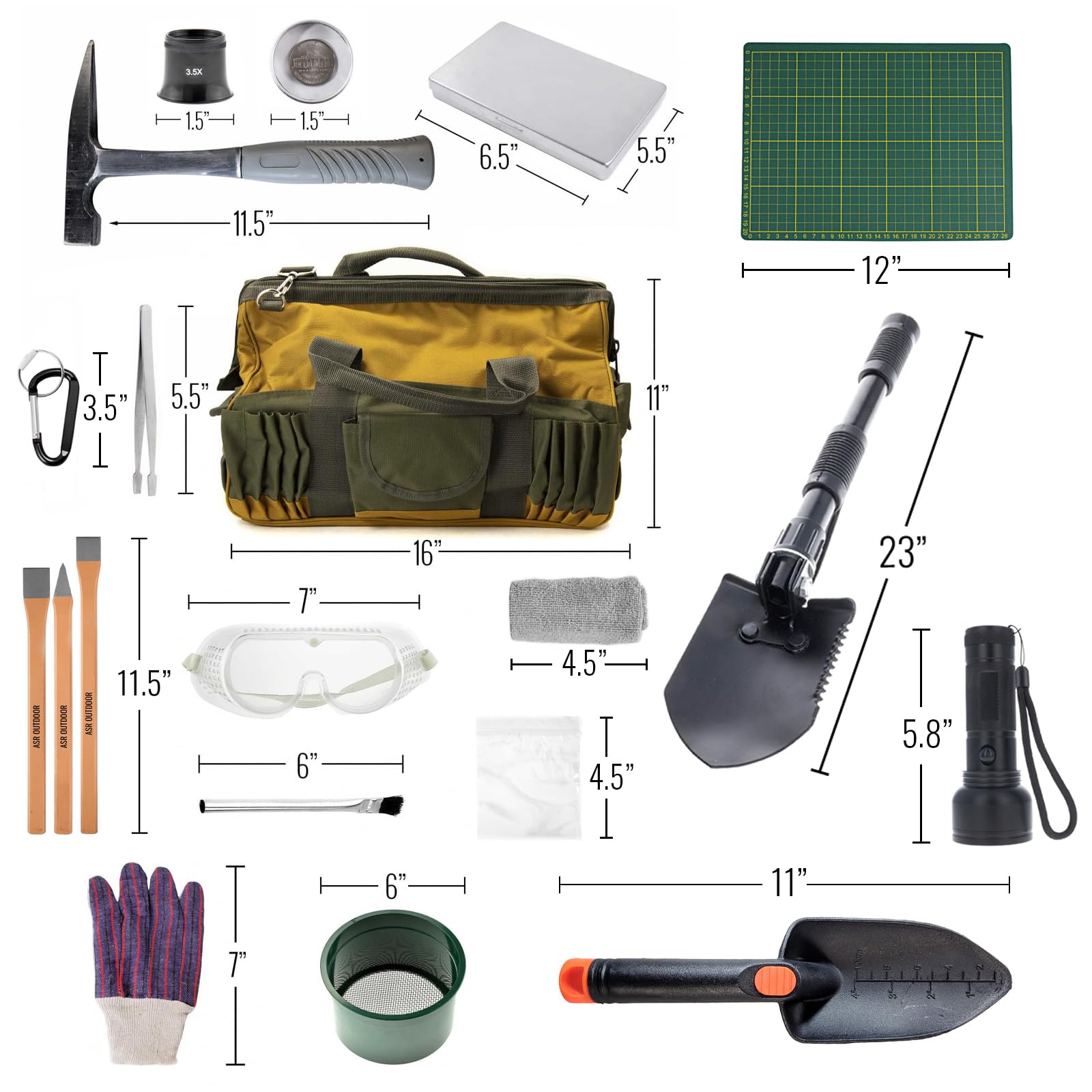 ASR Outdoor 13-Piece Geology Rockhounding Kit with Durable Tool Bag - Complete Rock Collecting Tools Set for Kids & Adults - Perfect for Gem Hunting, Mineral Identification & Outdoor Field Trips