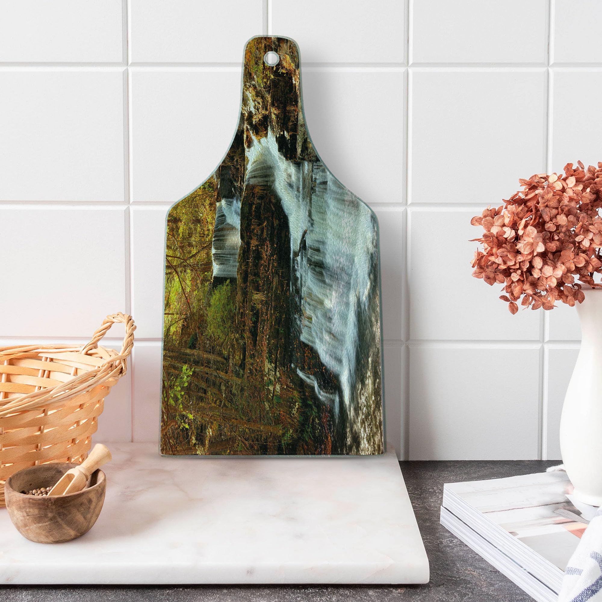 Ambesonne USA Wine Bottle Shaped Cutting Board - Delaware Water Gap Autumn Forest Scenery - Tempered Glass Serving Board for Kitchen & Dining - Brown Green White Design - Perfect for Entertaining, Charcuterie & Wine Pairing