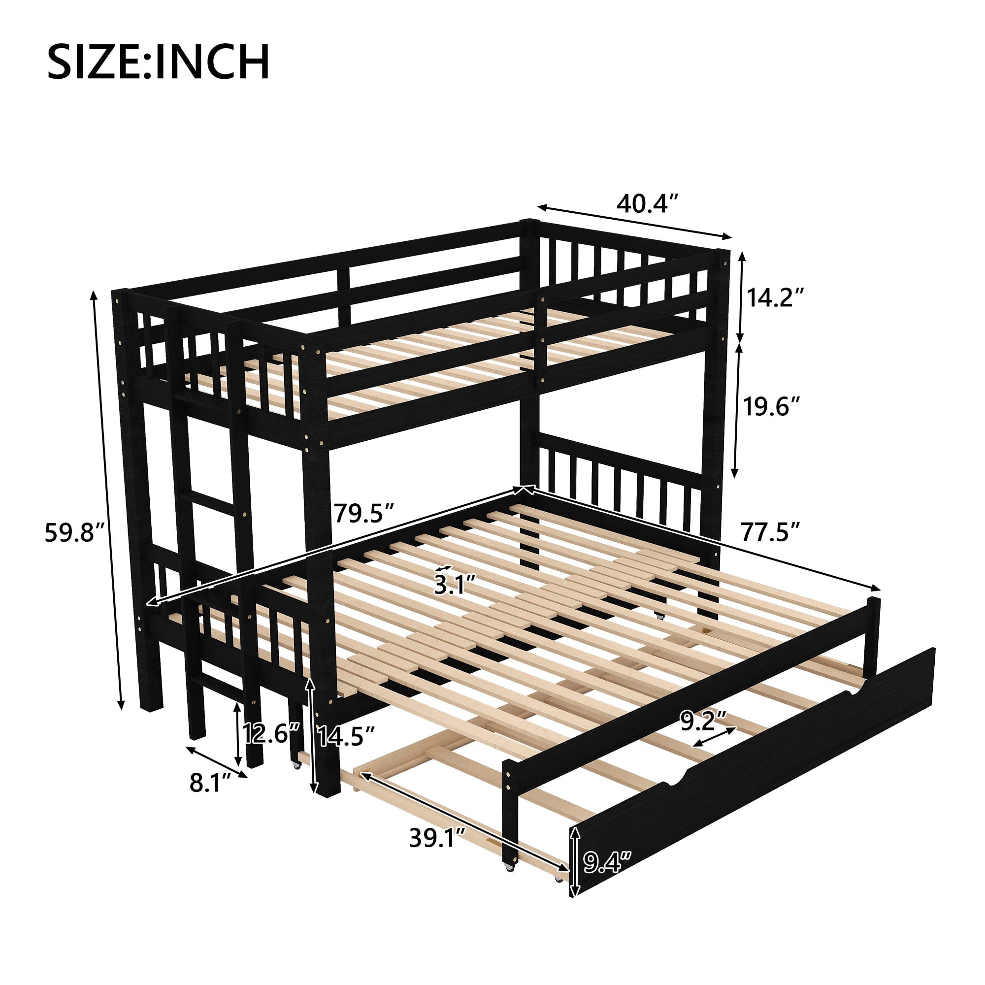 Twin Over Double Twin Bunk Bed with Trundle - Convertible 4-in-1 Wooden Bunk Bed with Ladder & Safety Rail in Espresso - Perfect for Kids' Bedroom, Guest Room or Small Space Saving Solution