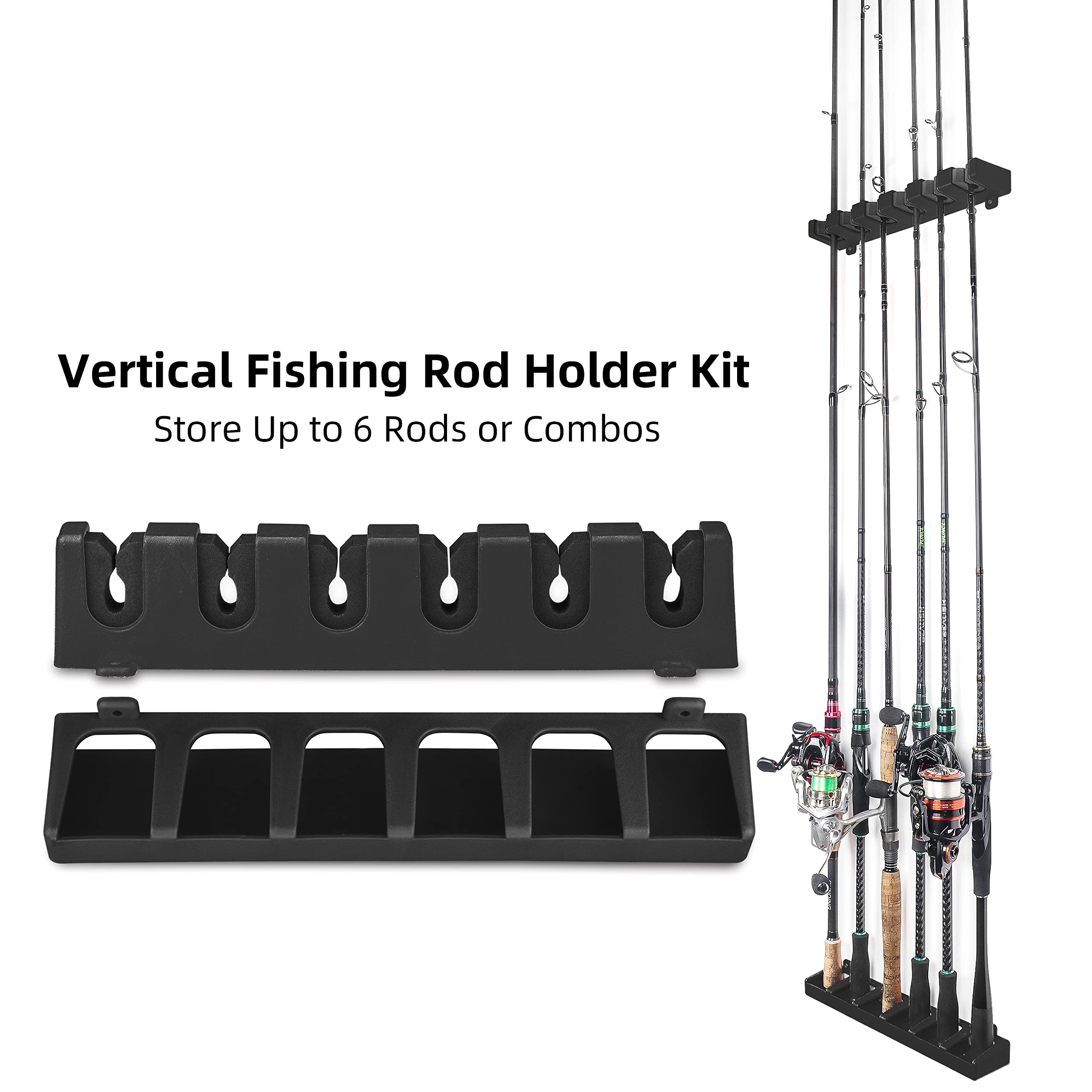 RUNCL Fishing Rod Holder Kit - Wall Mounted Vertical Fishing Rod Rack with Rod Sleeve & Strap - Holds 6 Rods (5-11mm) - Durable Fishing Pole Storage for Garage, Boat, RV & Home Organization