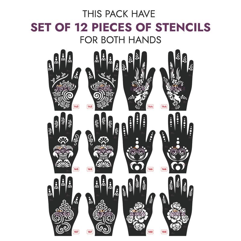 APCUTE 12-Piece Combo Pack Henna Tattoo Stencils - Easy Mehndi Design Stickers for Women, Girls & Kids (Patterns 143-188) - Perfect for Parties, Weddings & Festive Body Art