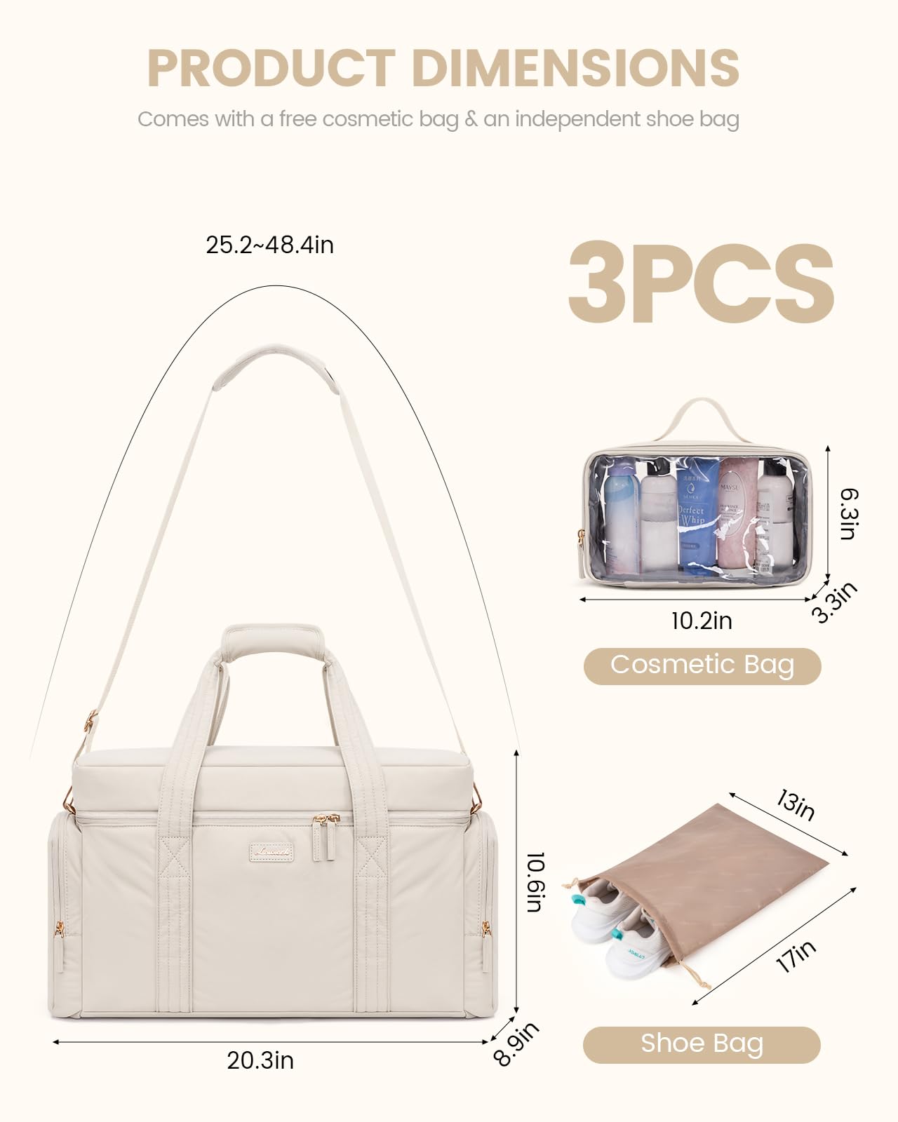 LOVEVOOK Women's Puffer Weekender Travel Duffle Bag - 3-Piece Set with Toiletry Bag & Wet Pocket - Perfect for Airplane Carry-On, Hospital Labor Delivery, Yoga Gym & Weekend Getaways - Beige