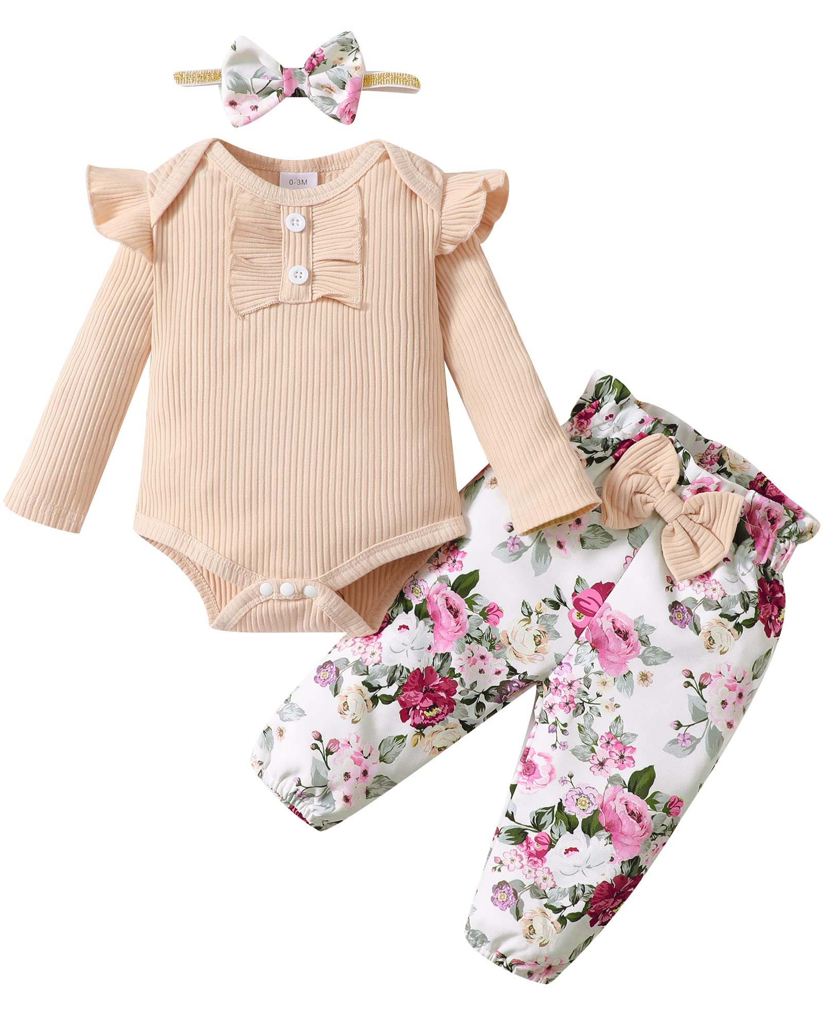 Mioglrie Newborn Baby Girl Clothes Set - Floral Romper & Pants Outfit | 100% Cotton Soft Infant Clothing for 0-12 Months | Perfect for Photoshoots, Playdates & Special Occasions