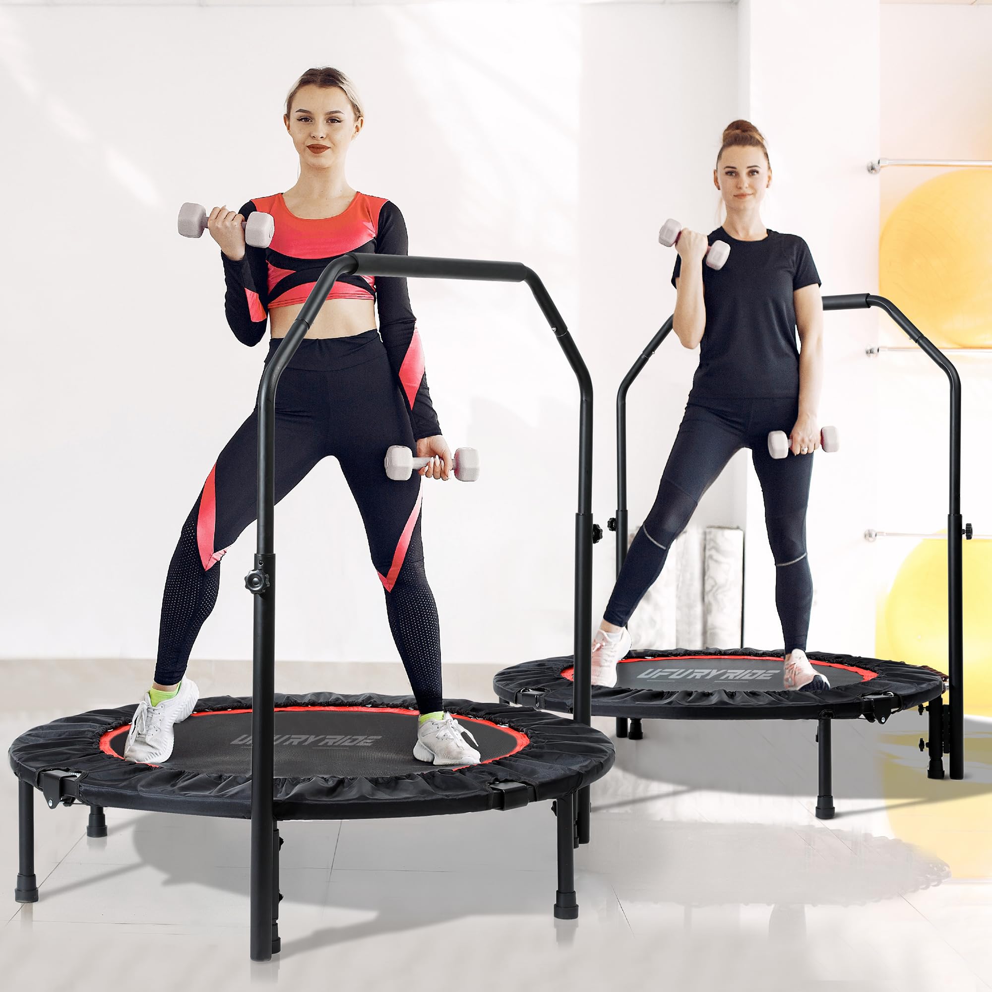 40” Foldable Mini Exercise Trampoline with Adjustable Foam Handle - 330lbs Weight Capacity Fitness Rebounder for Adults - Indoor/Outdoor Workout, Cardio Training & Home Gym Equipment