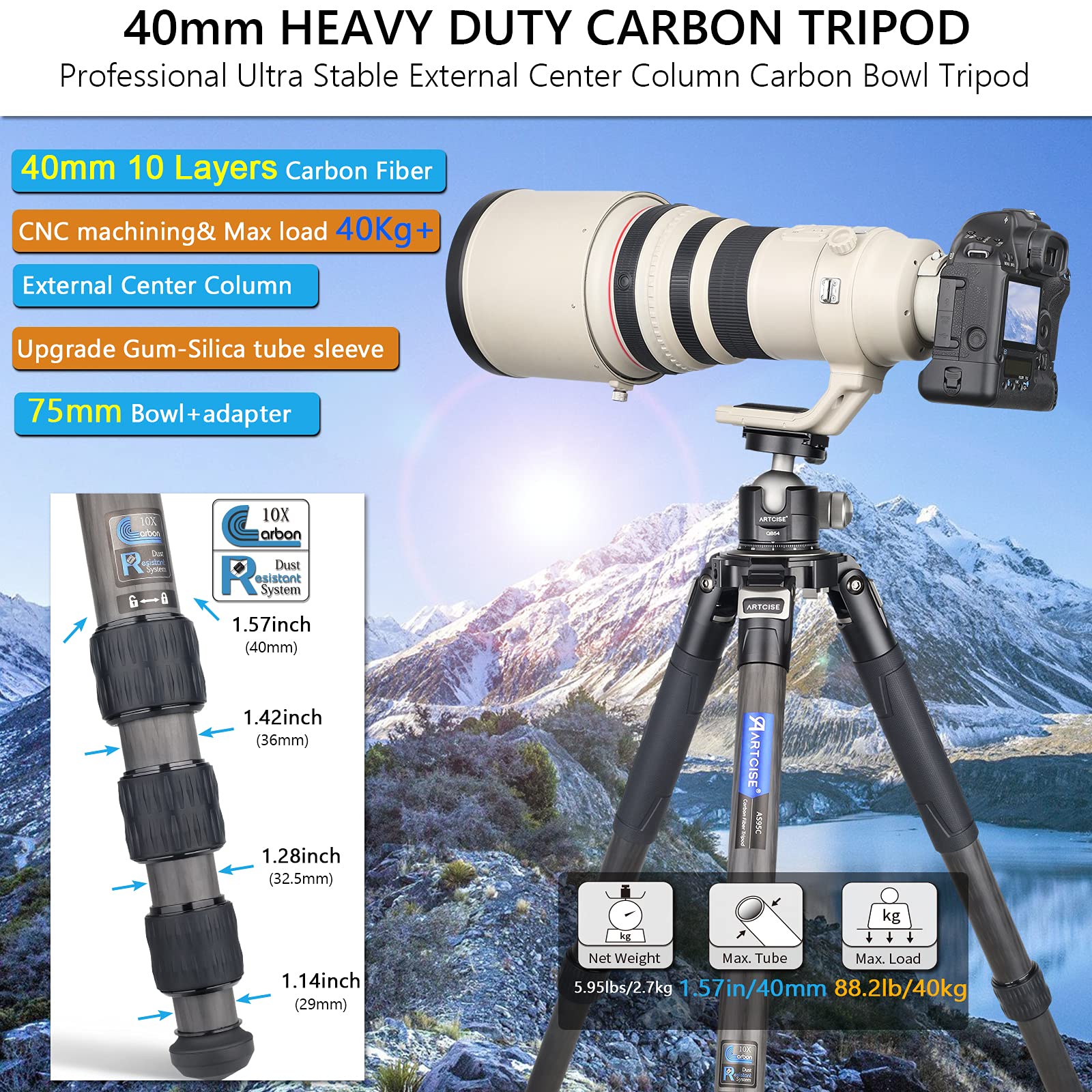 10 Layers 40mm Carbon Fiber Tripod with External Center Column - Ultra Stable Professional Heavy Duty Carbon Bowl Tripod for DSLR Cameras - CNC Cellphone Clip & Aluminum Magic Arm Kit - Max Load 88 Lbs/40kg - Perfect for Outdoor Photography, Studio Shoots, and Travel Videography