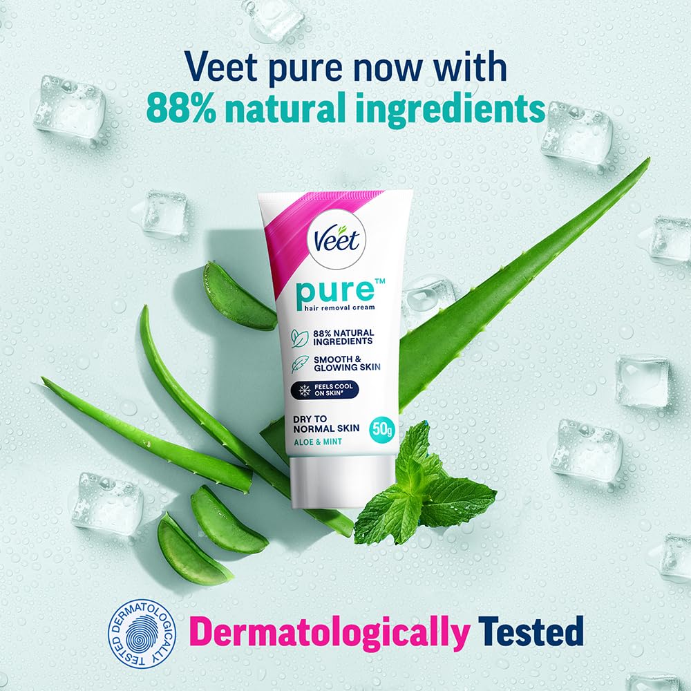 Veet Pure Hair Removal Cream for Women - 50g | Gentle Formula for Dry to Normal Skin | Safe for Legs, Underarms, Bikini Line & Arms | At-Home Hair Removal Solution for Smooth Skin