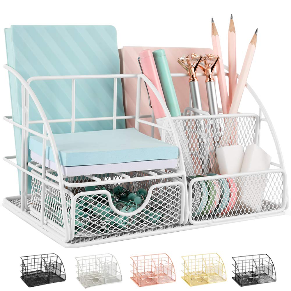 AUPSEN Mesh Desk Organizer with 5 Compartments & Mini Sliding Drawer - White | Office Supplies & Workspace Accessories for Home, Office, or School Organization