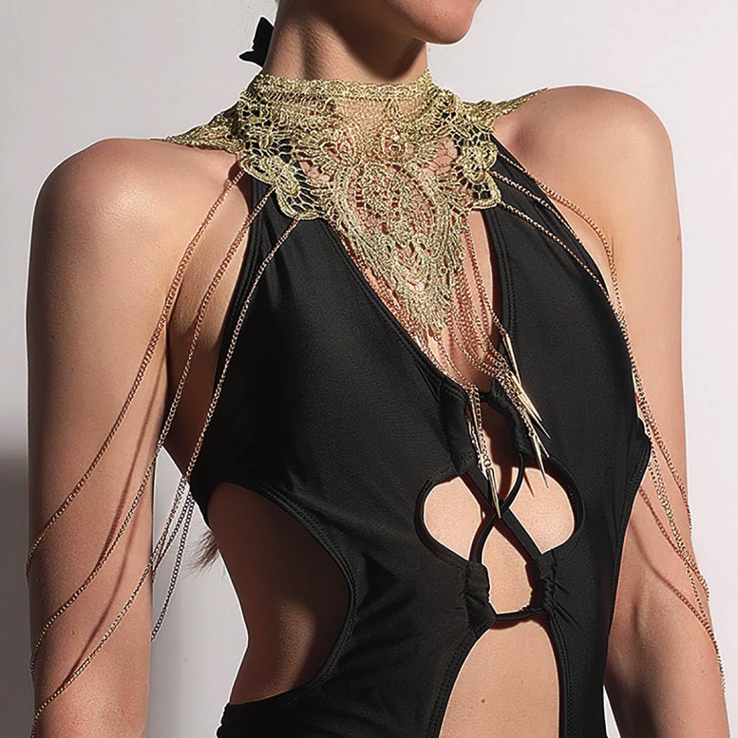 CanB Floral Lace Body Chain Necklace - Layered Tassel Crossover Harness Jewelry for Women | Boho Festival, Beach Party & Photo Shoot Accessories