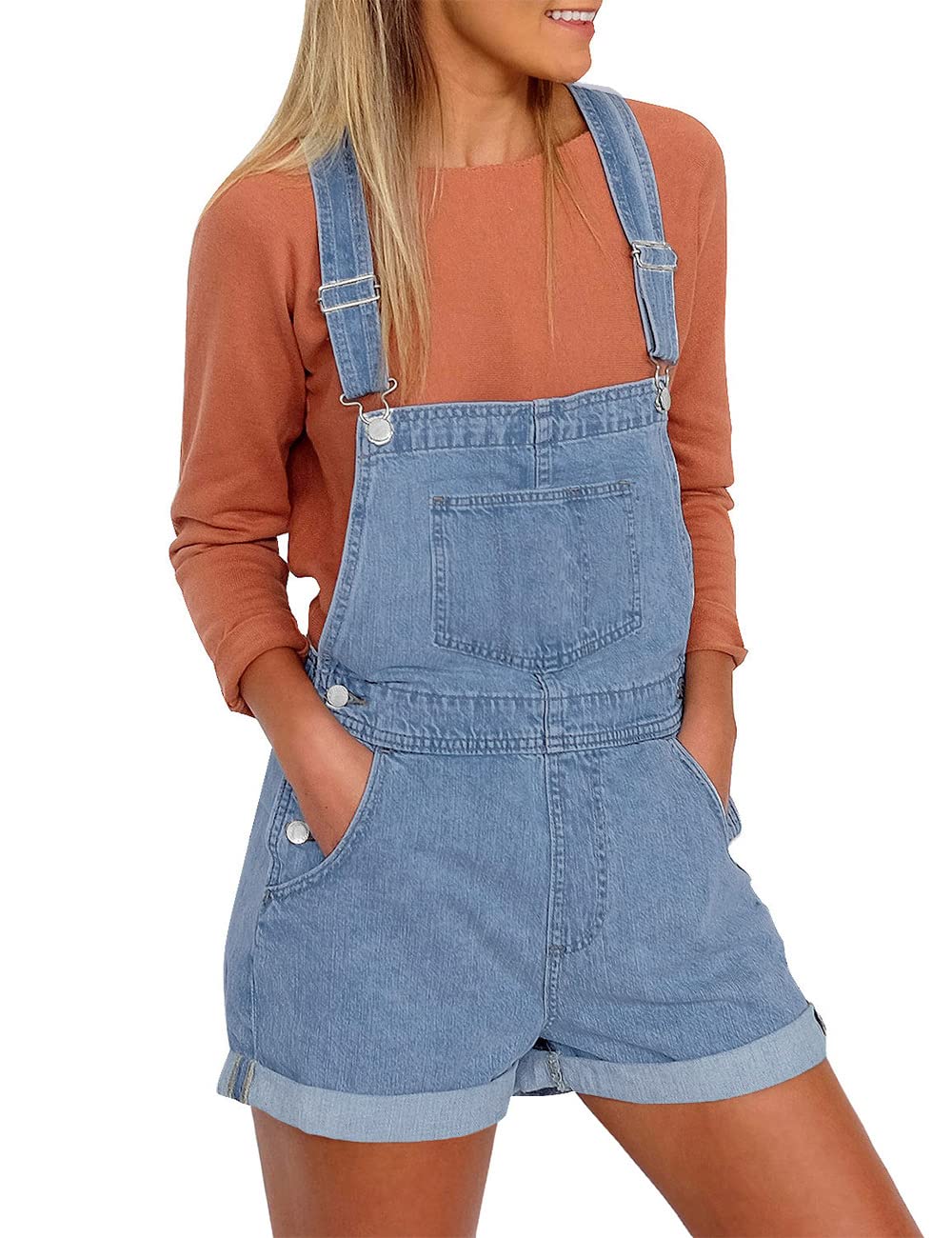 Vetinee Women's Classic Adjustable Straps Denim Bib Overalls Shorts with Cuffed Hem - Casual Outfit for Summer, Outdoor Activities & Street Style Fashion