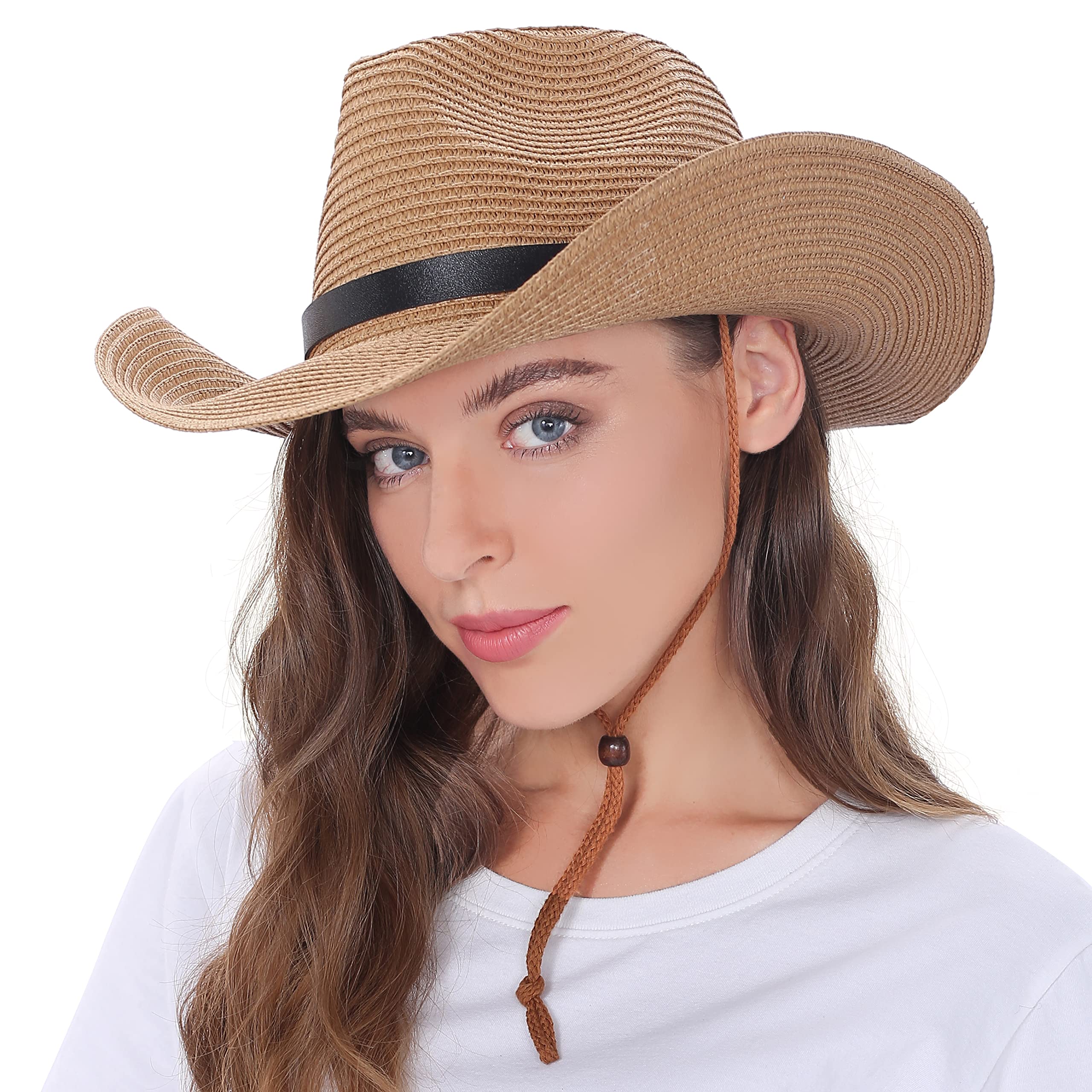 Women's Adjustable Straw Cowboy Hat - Wide Brim Floppy Sun Hat & Shapeable Fedora Panama Hat for Beach, Pool, Summer Outfits & Outdoor Activities