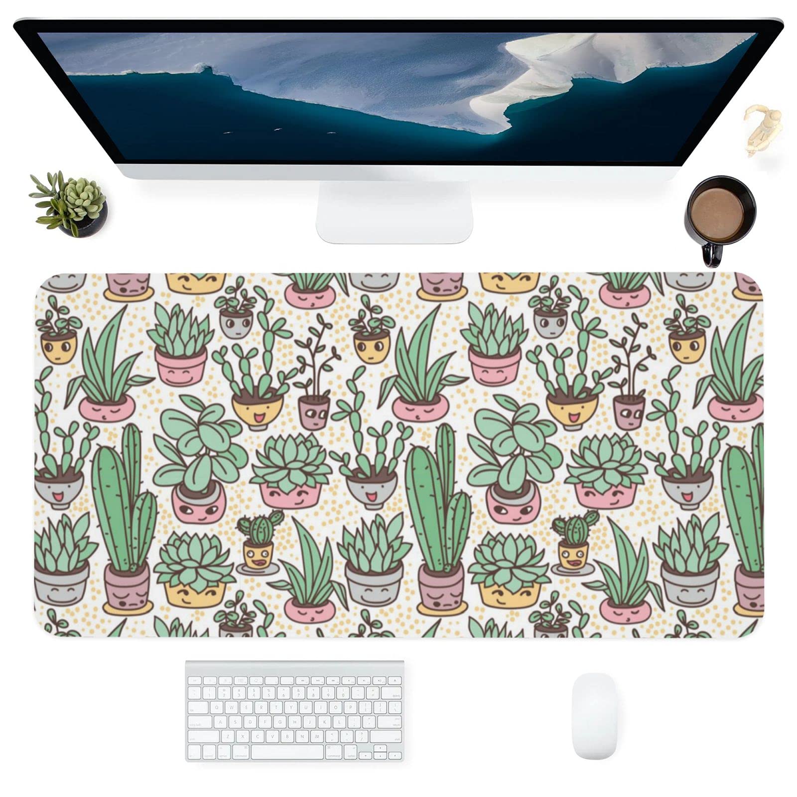 Large 31.5×15.7 Inch Non-Slip Gaming Mouse Pad with Potted Succulents Design - PU Leather Waterproof Desk Mat for Office & Home Use, Stitched Edges & Rubber Base - Perfect for Gaming, Workstations & Home Decor
