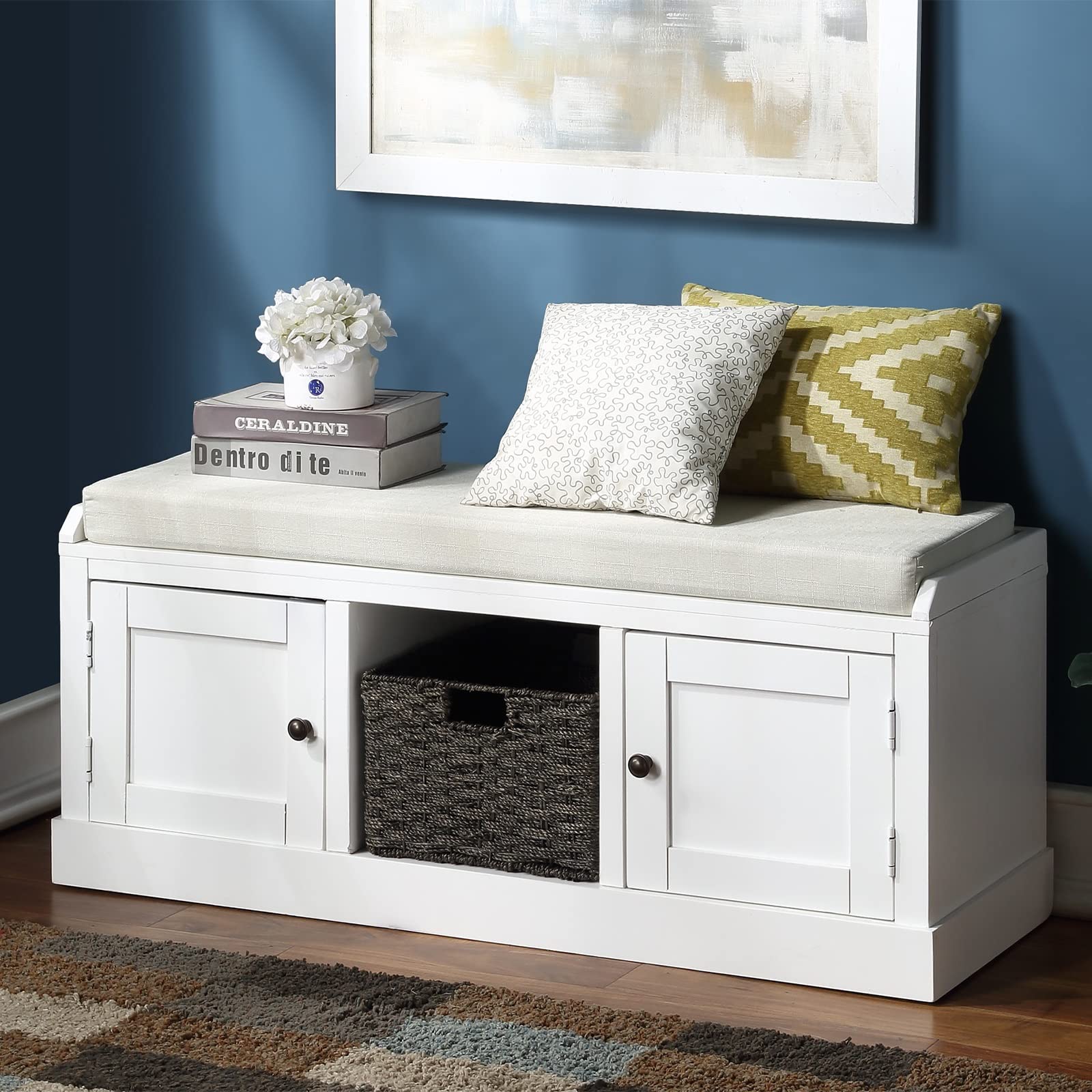 Wooden Storage Bench with 2 Cabinets & Basket - Shoe Cabinet Organizer for Entryway, Living Room, Bedroom - White Home Furniture for Shoes, Blankets & Home Decor