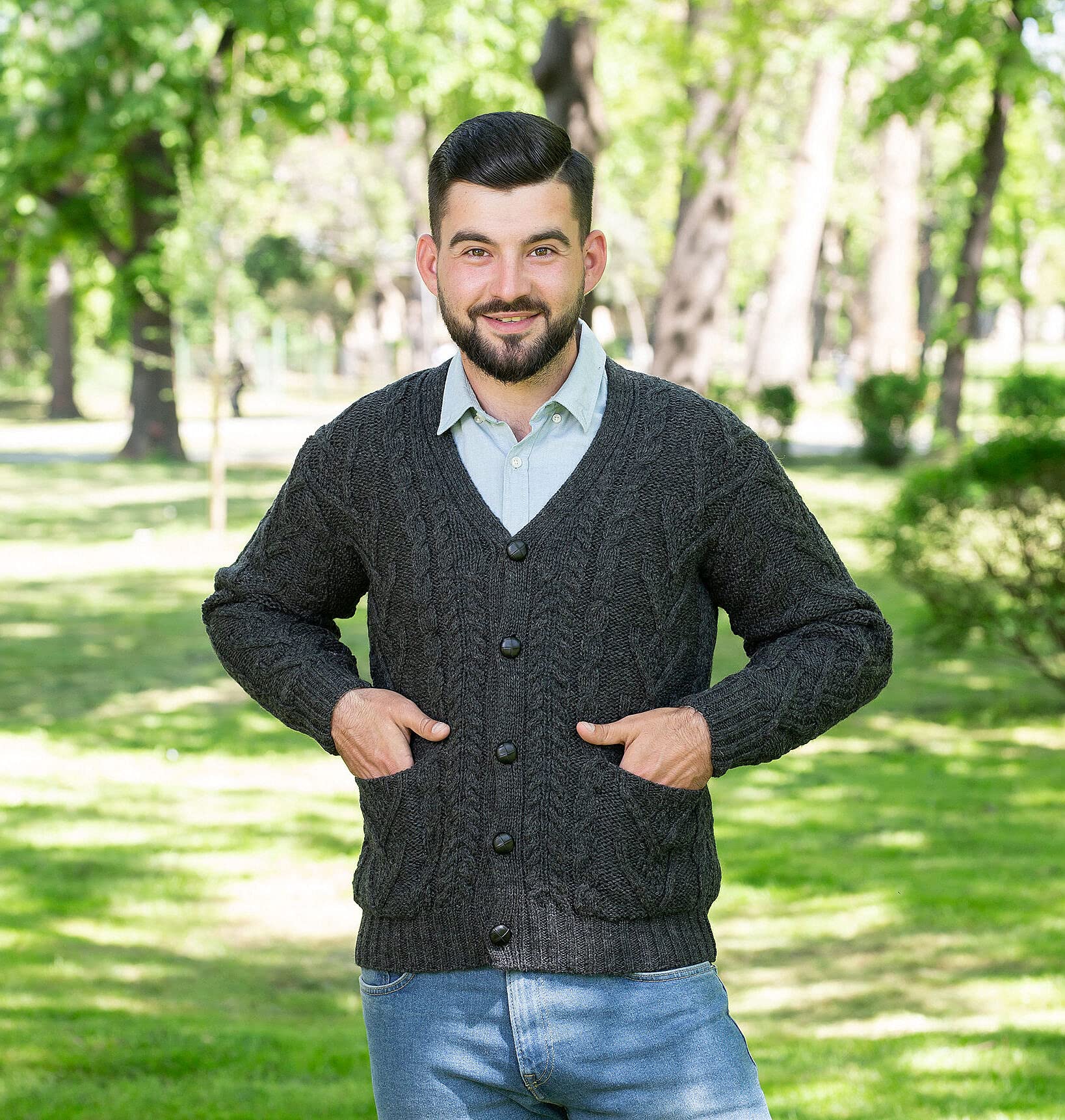 SAOL 100% Merino Wool Men's Aran Cable Knit V-Neck Cardigan Sweater - Irish Style Button-Up Casual Pullover with Pockets - Perfect for Fall, Winter & Office Wear