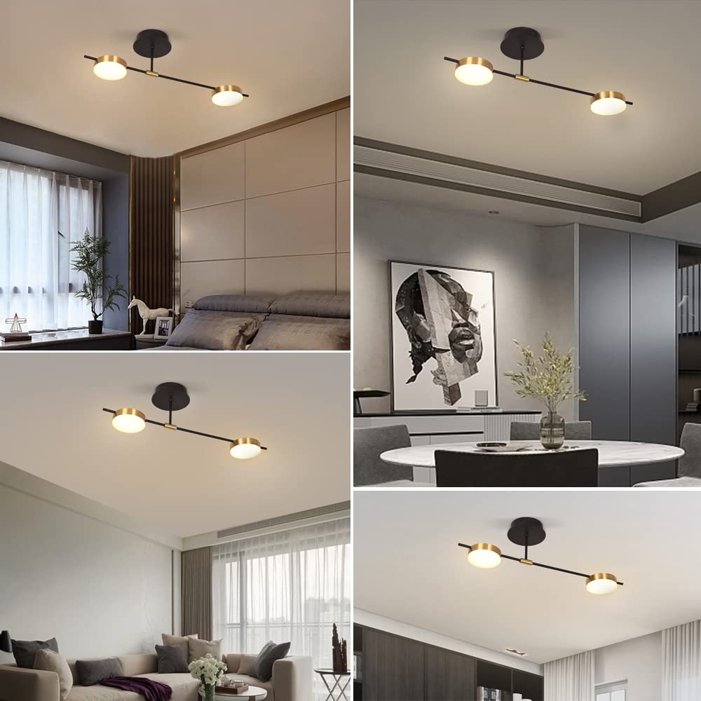 Modern 15W 2-Light Dimmable LED Semi Flush Mount Ceiling Light Fixture - Black & Gold 3000K Warm White for Dining Room, Kitchen, Living Room, Bedroom, Office | Energy Saving Home Lighting for Modern Interior Decor