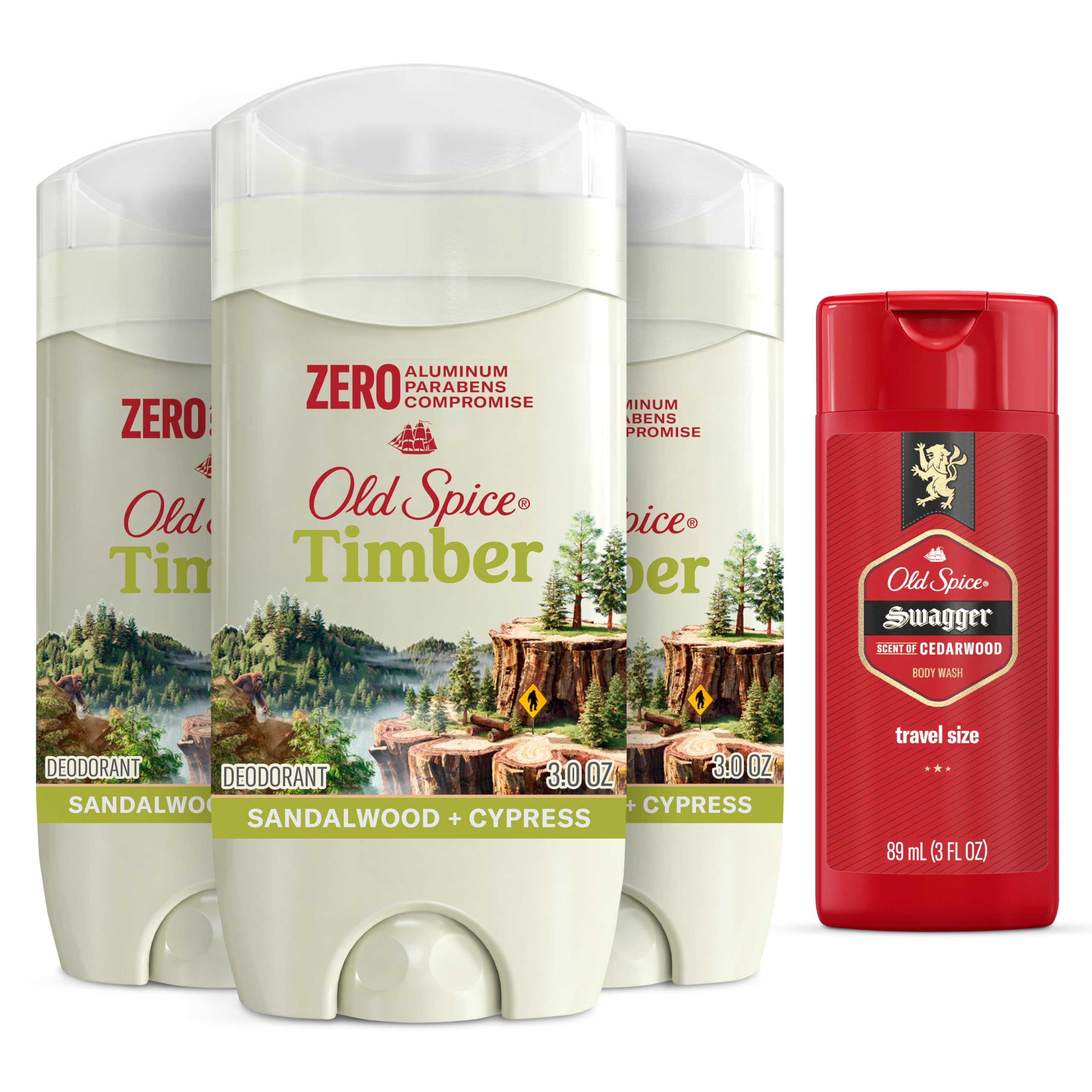 Old Spice Men's Deodorant Aluminum-Free Timber with Sandalwood Scent, 3.0oz (Pack of 3) + Travel-Size Swagger Body Wash - Fresh Long-Lasting Protection for Gym, Work & Outdoor Activities