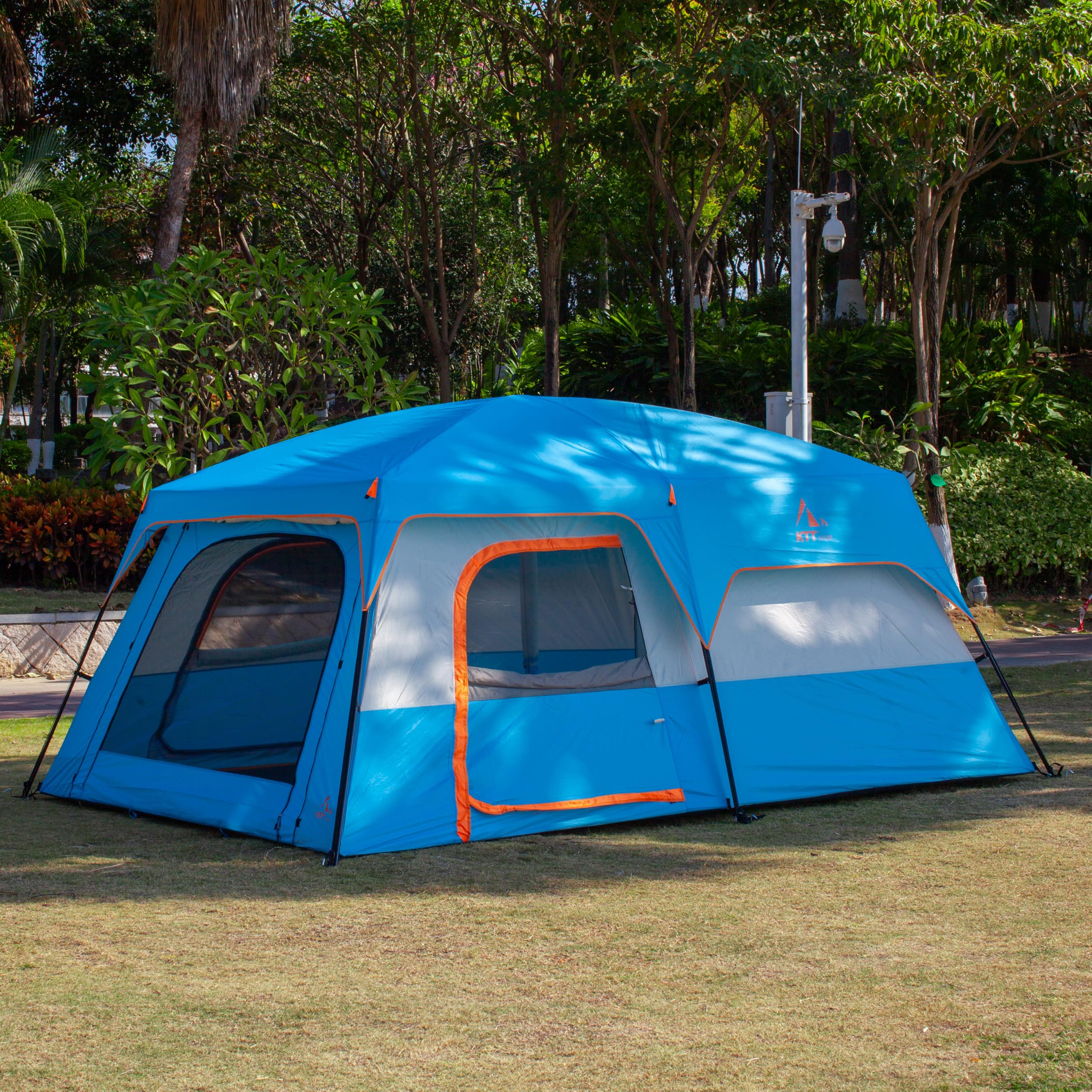 KTT Extra Large Family Cabin Tent for 10-12-14 People (Style B) - 2 Rooms, 3 Doors & 3 Windows with Mesh, Waterproof Double Layer Straight Wall Design - Perfect for Camping, Picnics, Outdoor Adventures & Family Gatherings