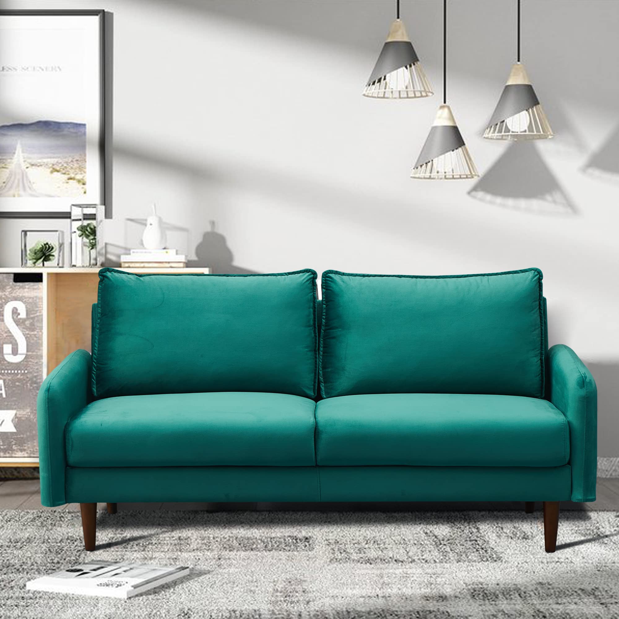 Mid-Century Modern Velvet Sofa with Wooden Legs - Green Upholstered Couch for Living Room, Lounge & Home Decor - Cozy & Stylish Seating for Relaxing & Entertaining
