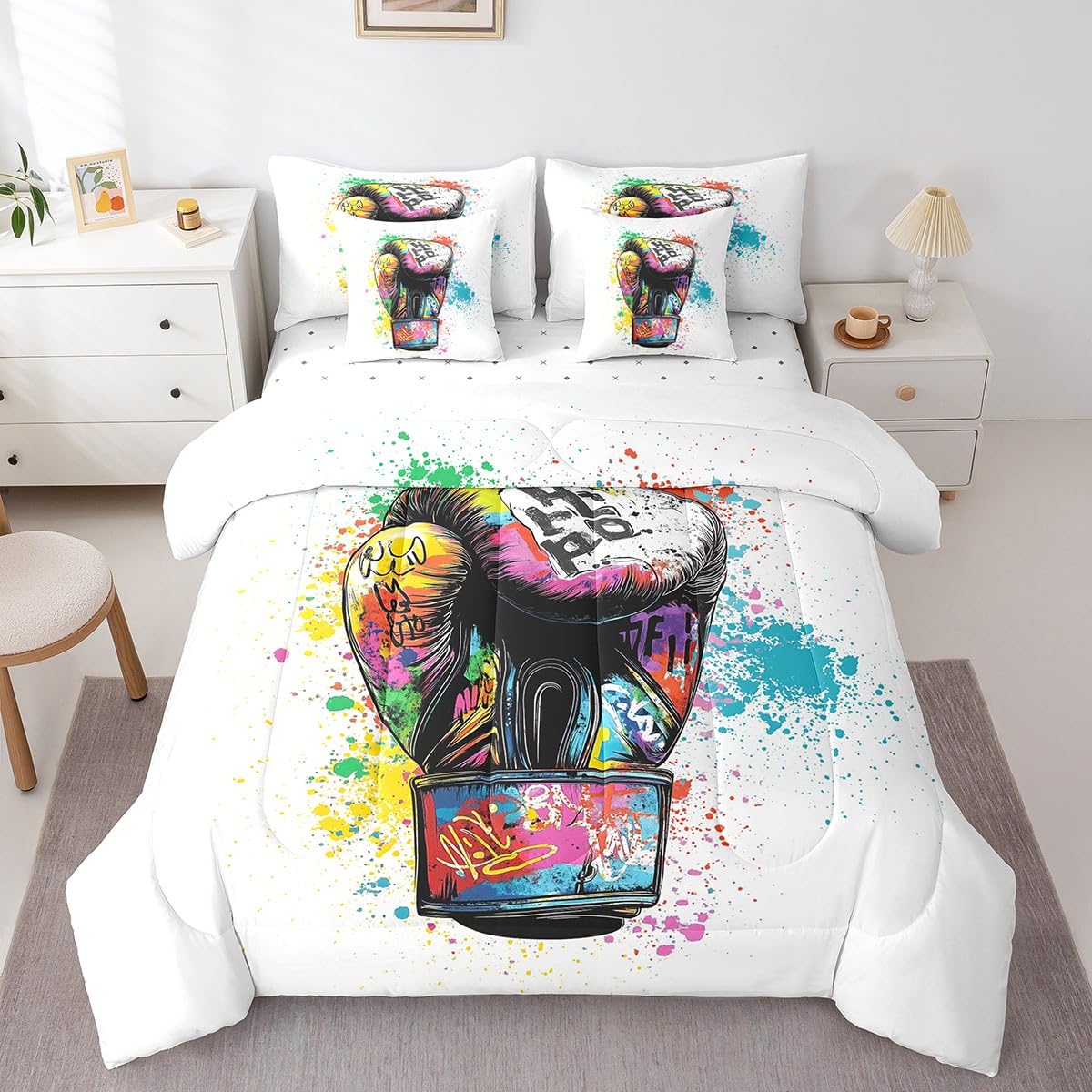 Feelyou 7-Piece Twin Bed in a Bag - Sports Themed Bedding Set for Boys & Girls with Boxing Gloves Print, Includes Comforter & Cushion Covers - Perfect for Kids' Rooms, Game Rooms & Sports-Themed Decor
