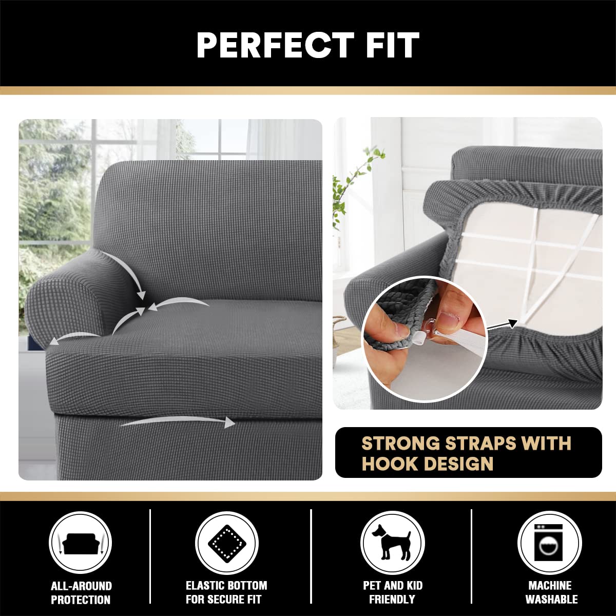 PrinceDeco 2-Piece Stretch Armchair Slipcover Set with T-Cushion Cover - Soft, Machine Washable Furniture Protector for Living Room, Gray - Perfect for Sofas, Recliners & Accent Chairs