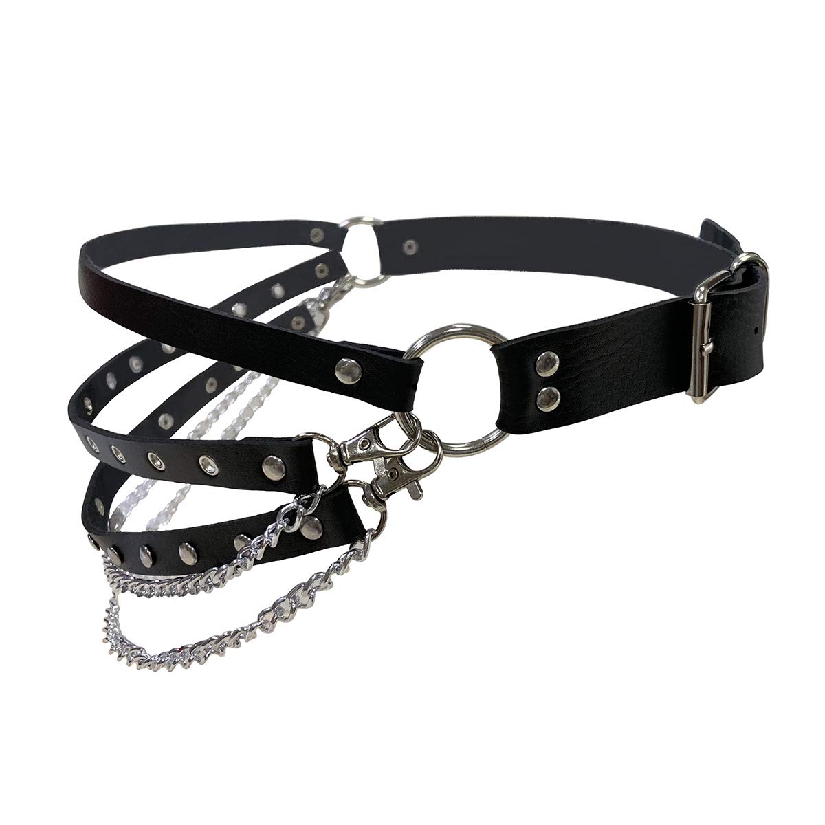 Punk Belts with O-Rings & Chains - Adjustable PU Leather Goth Rock Steampunk Style Garter Straps for Women & Men - Perfect for Cosplay, Halloween, Music Festivals and Alternative Fashion