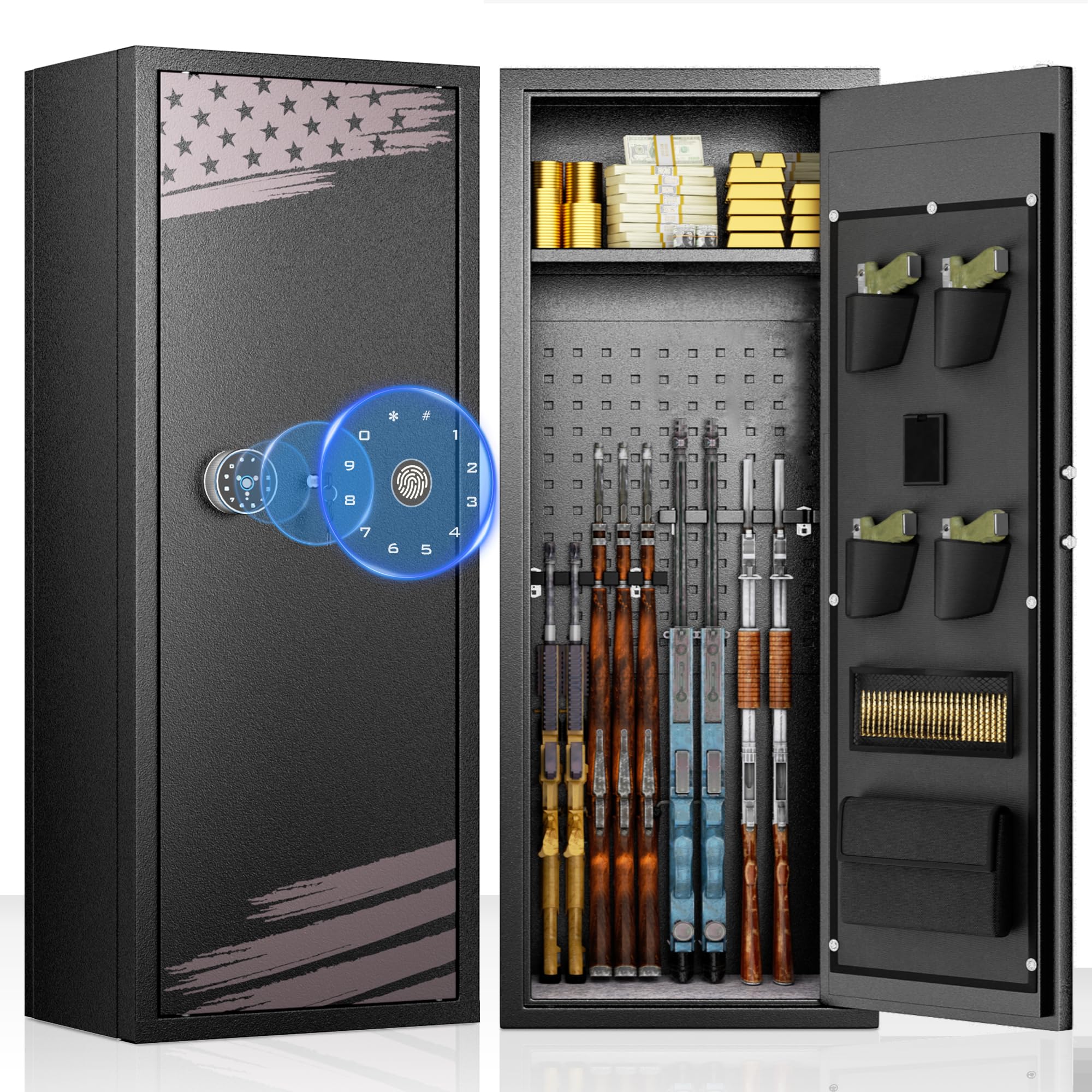 INTERGREAT 10-12 Gun Safe Rifle - Large Firearm Security Cabinet for Home Rifles & Pistols with Patriotic Flag Design - Quick Access Gun Safe with 3 Adjustable Shelves - Perfect for Bedroom, Basement or Garage Gun Storage