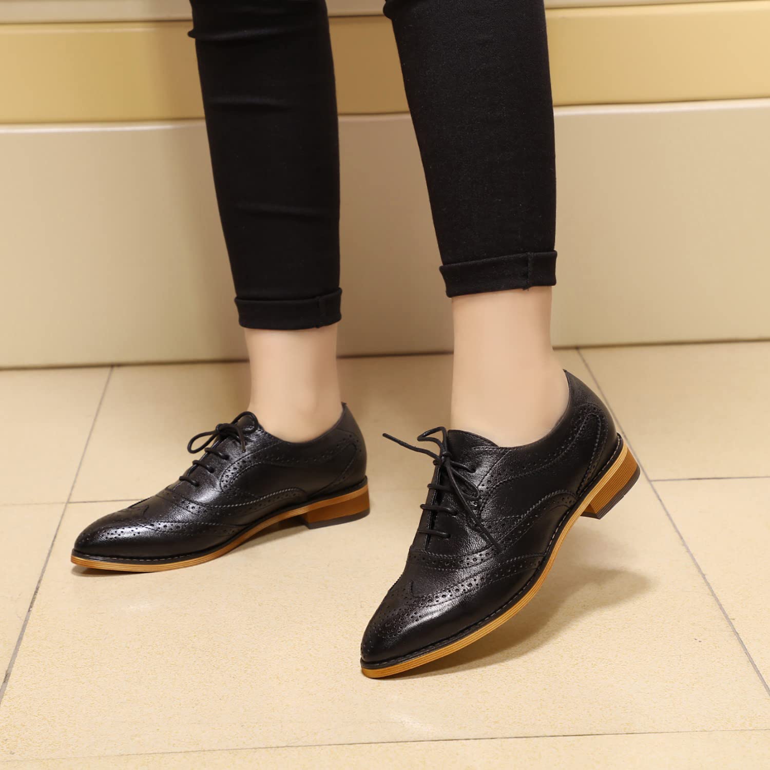 Women's Wingtip Brogue Oxfords - Perforated Leather Lace-Up Flat Shoes for Office & Work | Comfortable & Stylish Ladies Dress Shoes for Professional & Casual Wear