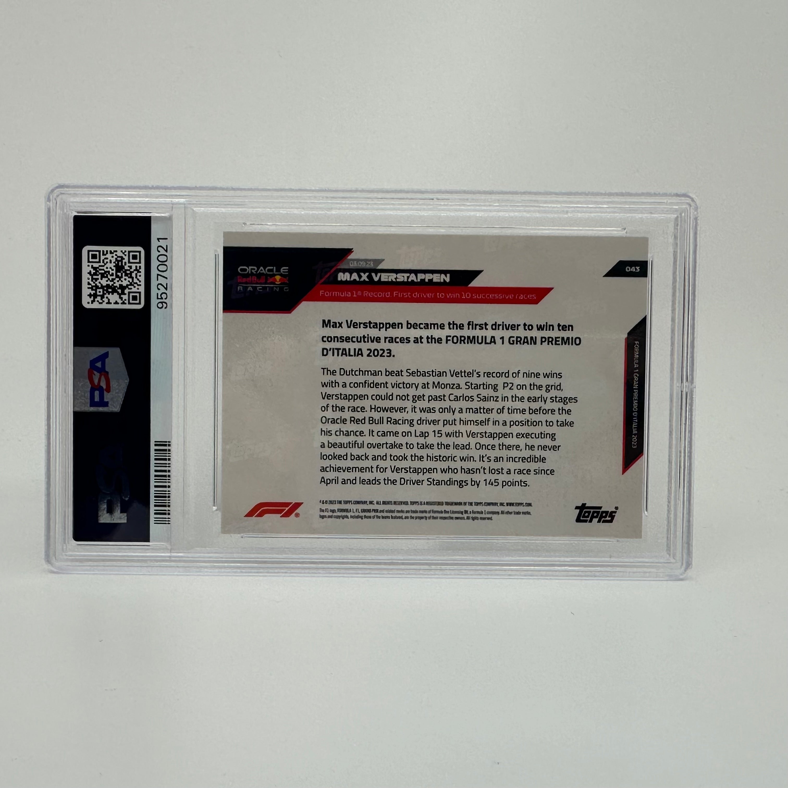 PSA 8 Graded Max Verstappen 2023 Topps Now #43 Formula 1 Trading Card - 10 Wins Championship Season Collector's Item for Sports Memorabilia Display