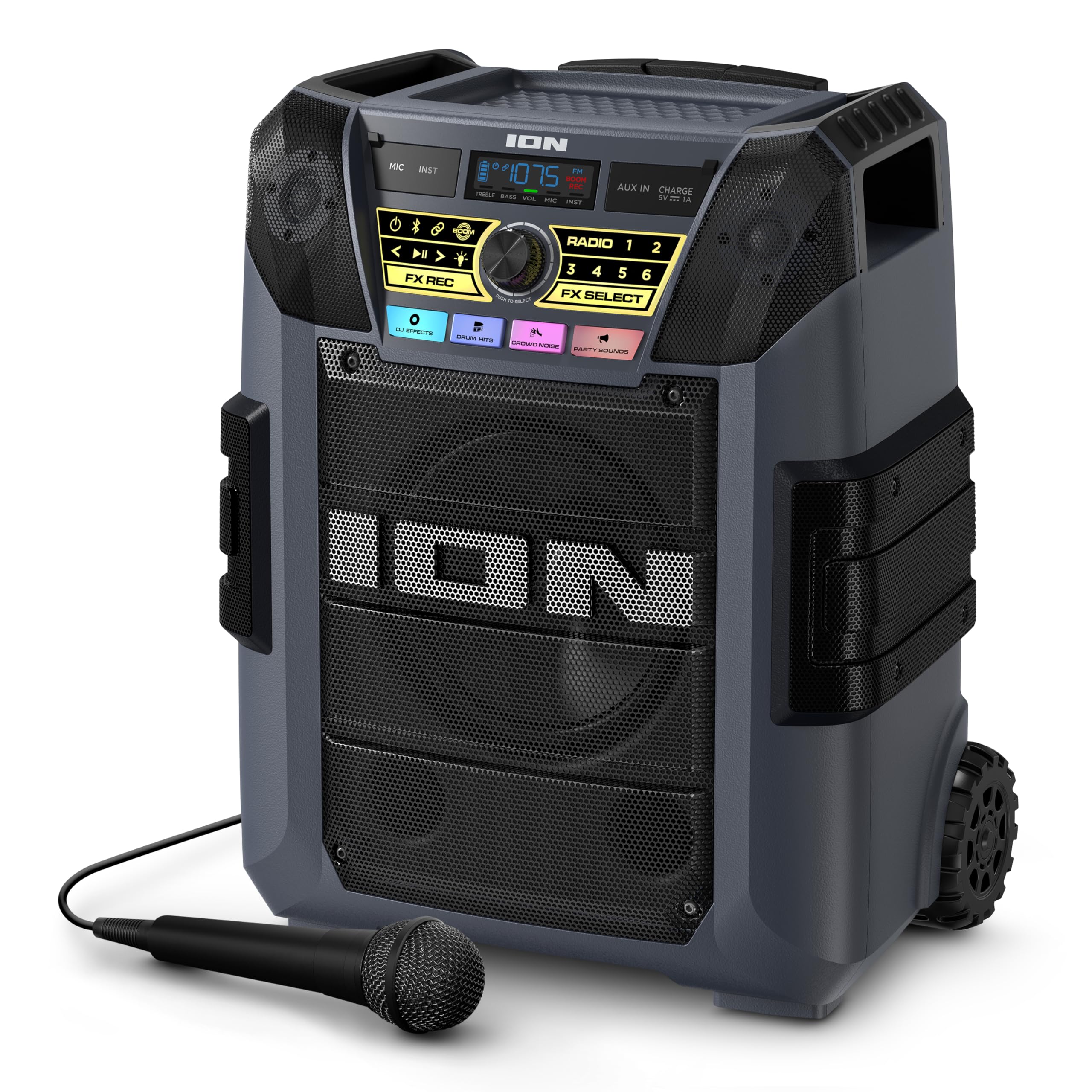 ION Block Rocker XL - 220W Portable Bluetooth Party Speaker with Karaoke Mic, Rechargeable Battery, 5 Speakers, LED Lights, FM Radio, USB Charging & App - Perfect for Outdoor Events, Beach Parties, Backyard BBQs and Tailgating