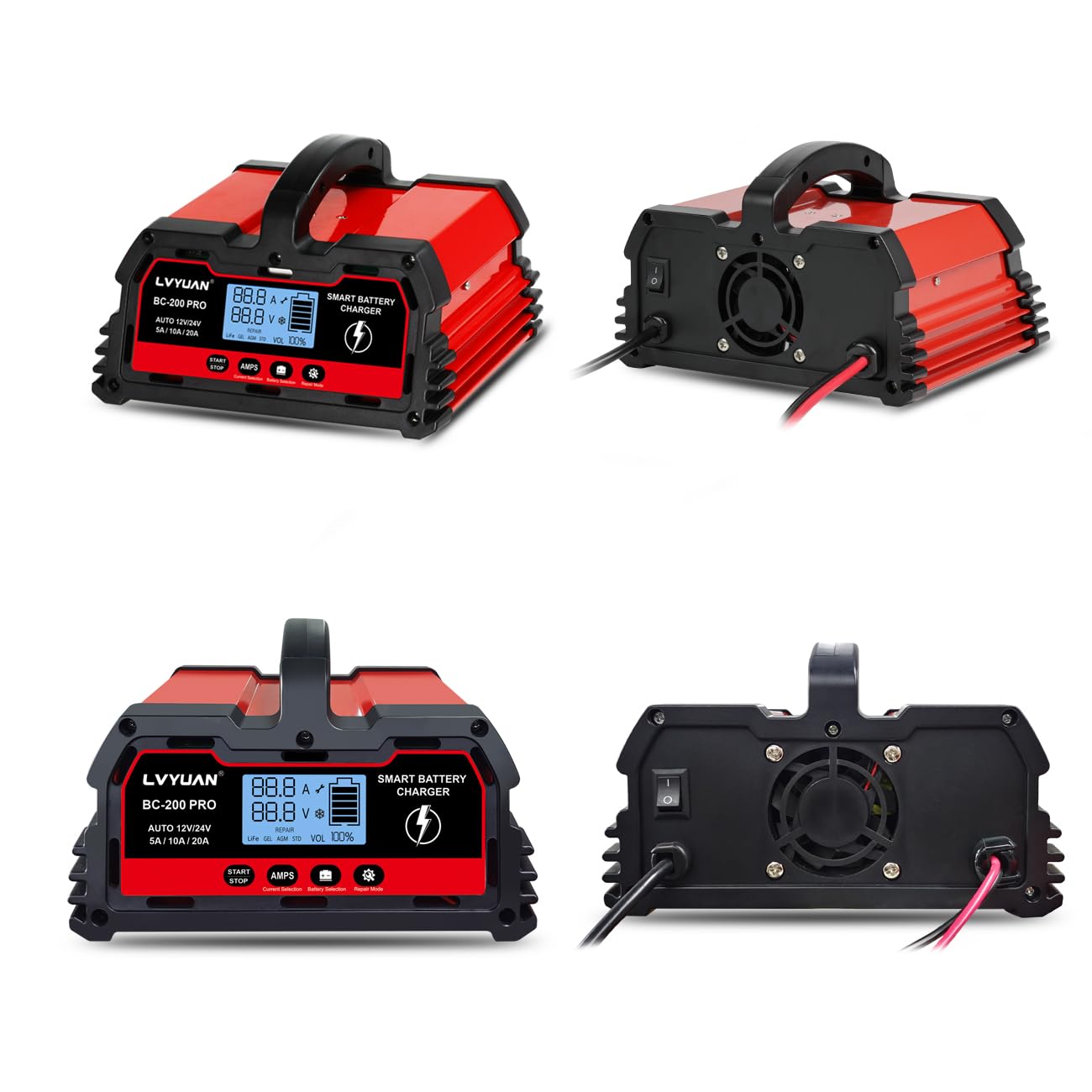 LVYUAN 12V/24V Smart Car Battery Charger & Maintainer - 5A/10A/20A Automotive Charger for AGM, LiFePO4 Lithium & Lead Acid Batteries - Perfect for Cars, Trucks, Motorcycles, RVs & Seasonal Vehicle Storage