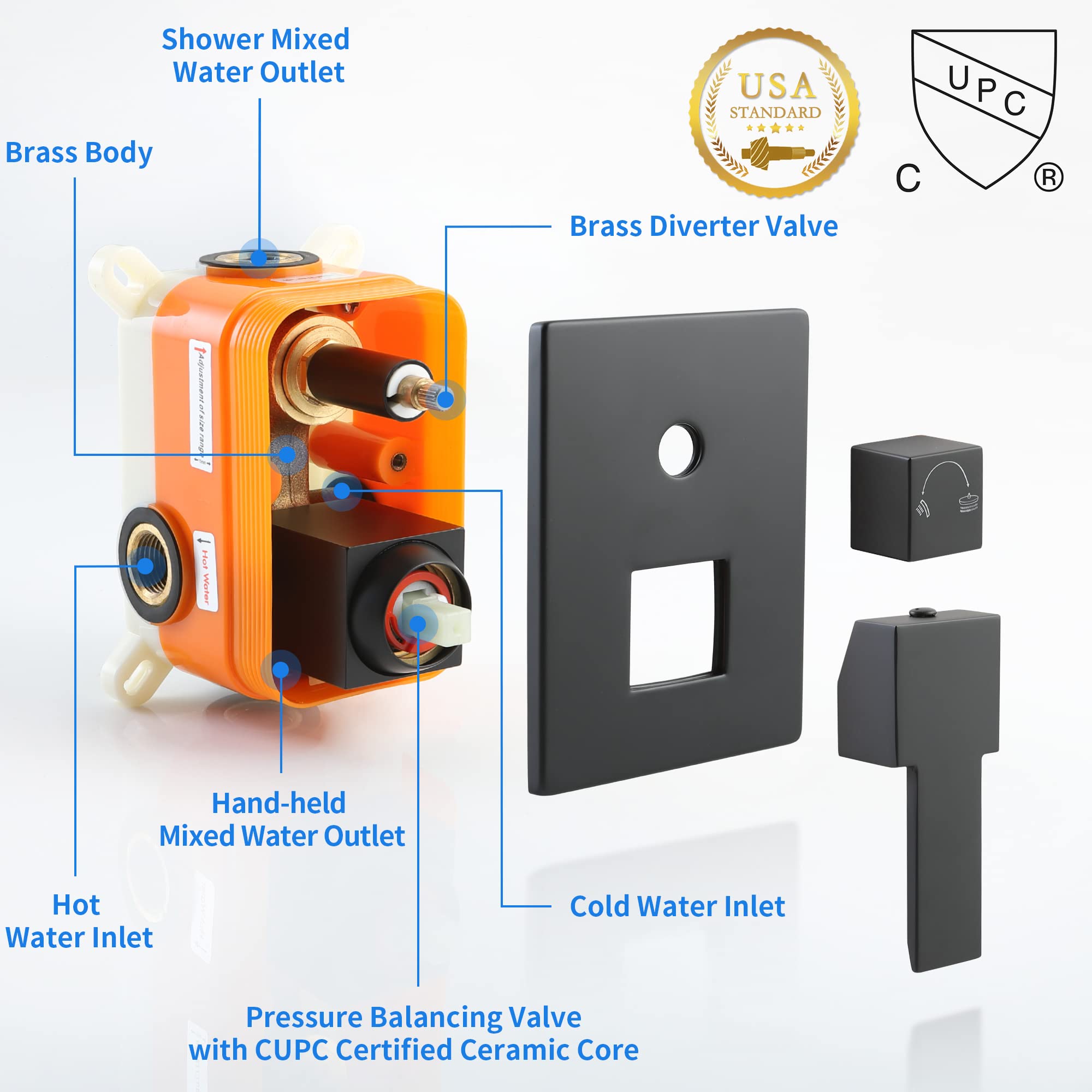 SKOWLL 2-Way Shower Diverter Valve Kit - Matte Black cUPC Certified Pressure Balancing Shower Mixer with Single Handle - Perfect for Bathroom Renovation & Modern Shower Systems
