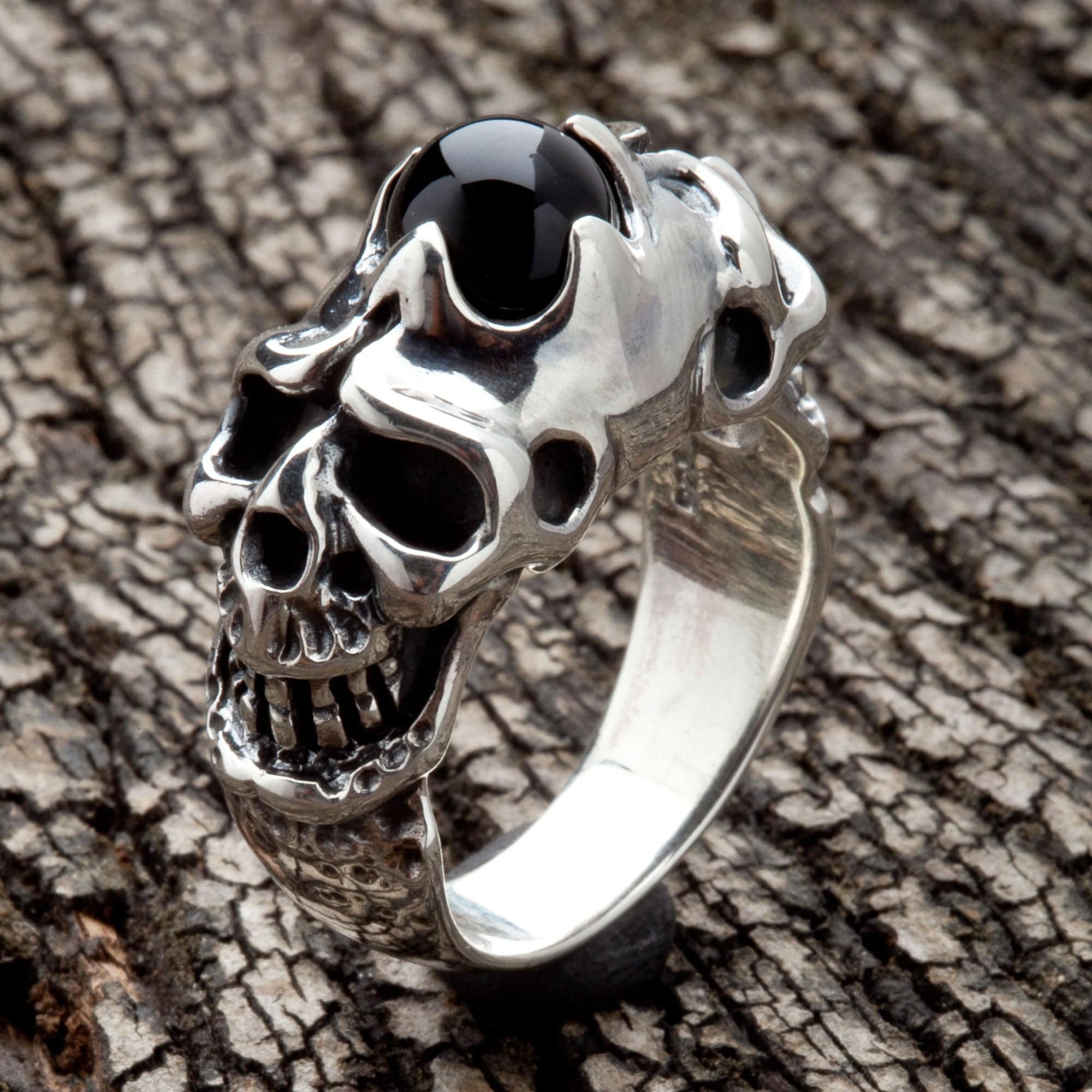 Onyx Devil Skull Biker Ring for Men - 925 Sterling Silver Gothic Punk Jewelry - Perfect for Motorcycle Riders, Rock Music Fans & Halloween Costume Accessories