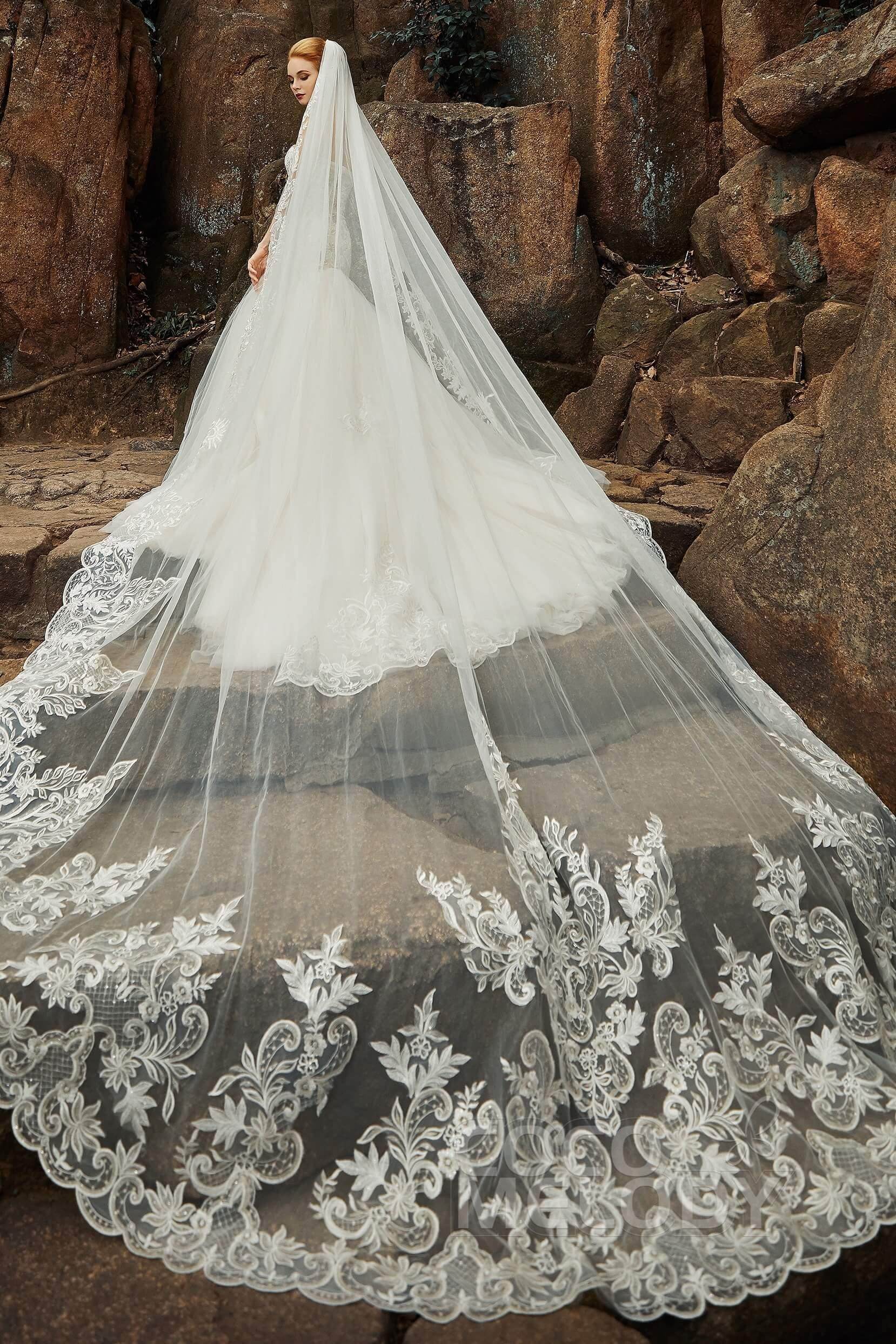 Elegant One-Tier Lace Tulle Cathedral Wedding Veil with Beaded Appliques - CV0190 | Perfect for Bridal Ceremonies, Photoshooots & Formal Occasions