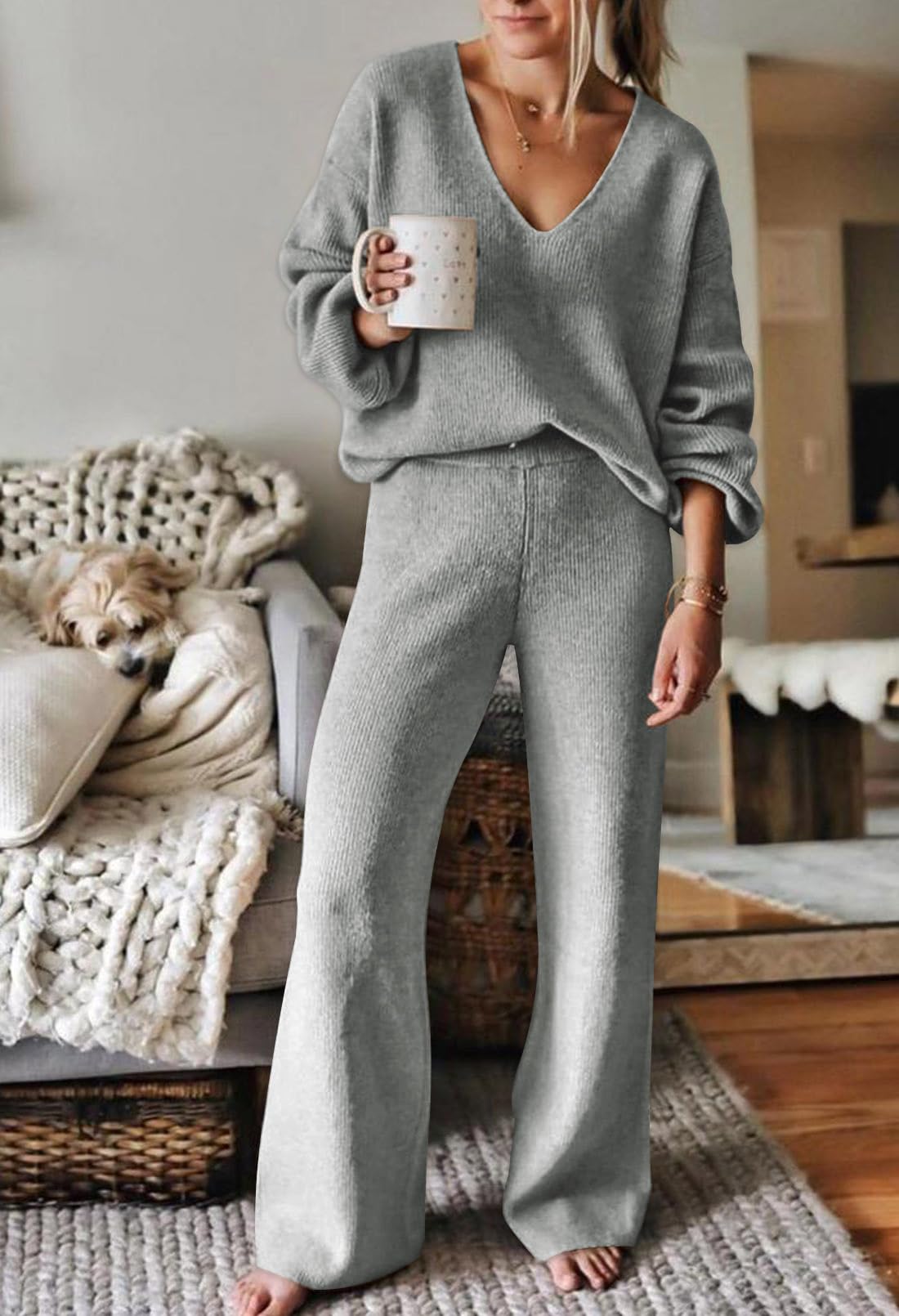 TOLENY Women's 2-Piece Lounge Set - Soft Pullover Sweater Top & Comfortable Wide Leg Pants, Cozy Loungewear Outfit for Relaxing at Home, Yoga, and Casual Wear