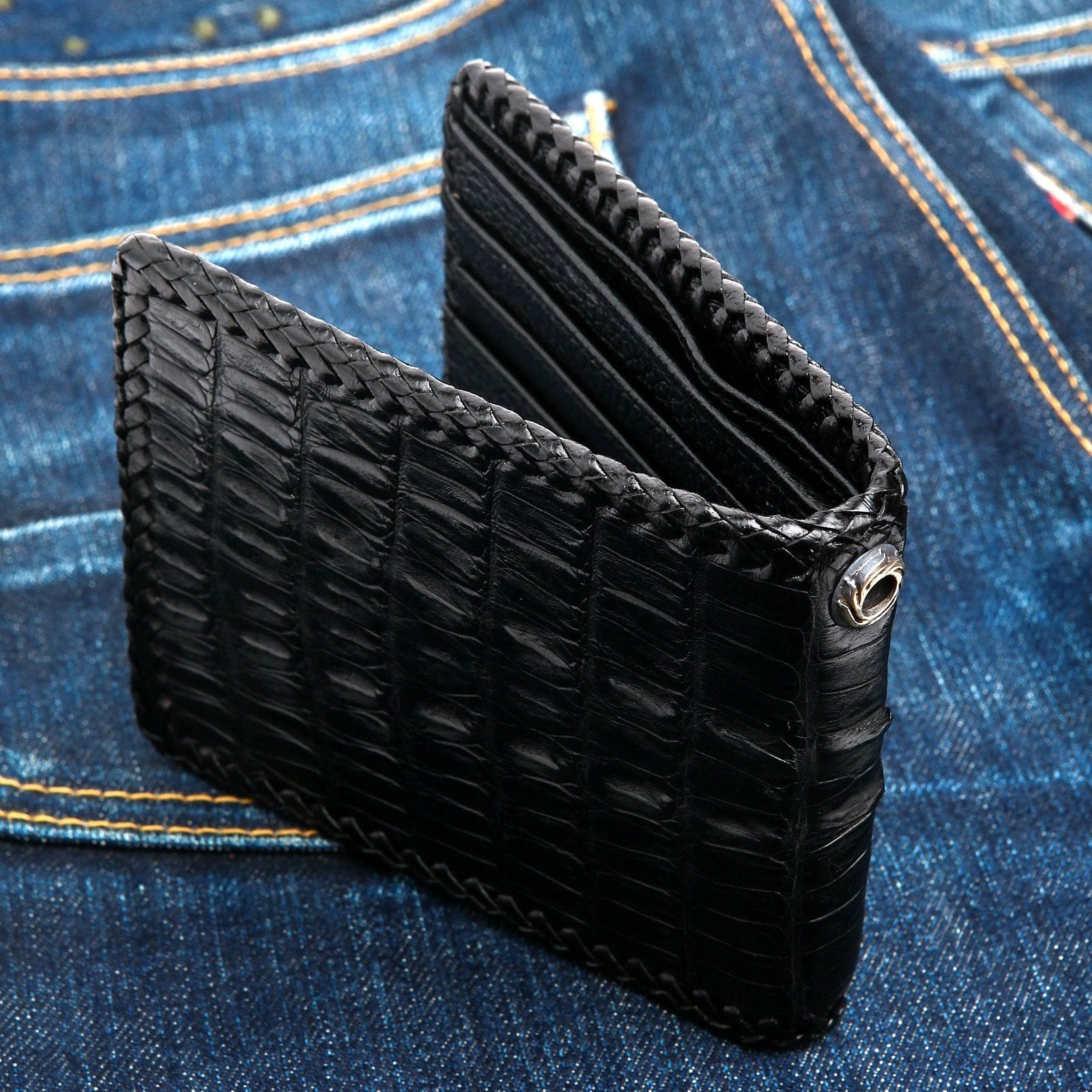 Black Crocodile Leather Biker Wallet for Men - RFID Blocking Slim Wallet with Money Clip - Perfect for Motorcycle Riders, Travel & Everyday Use